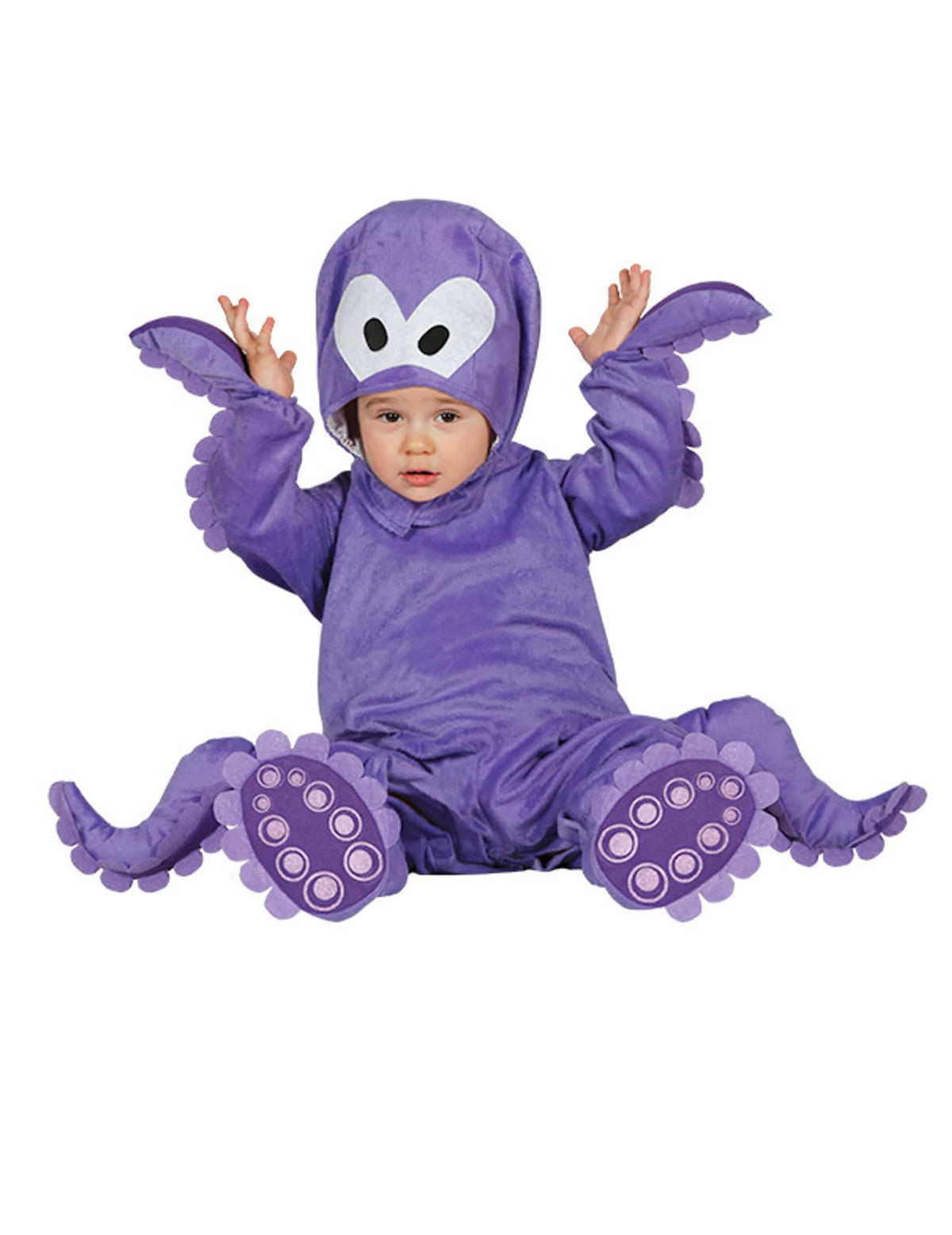 Costum salopetă cu glugă de caracatiță pentru bebeluș mov