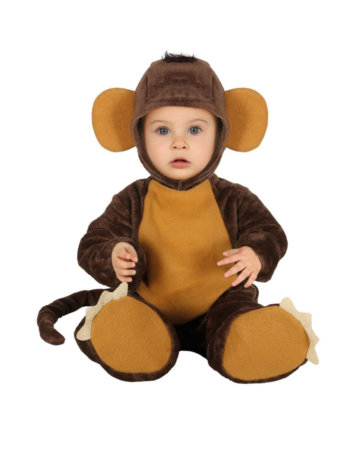 Costum de bebeluș tip combinezon cimpanzeu maro și bej