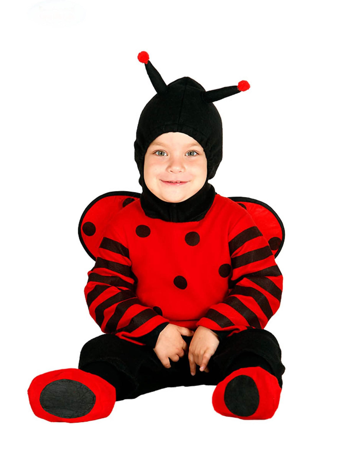 costum salopetă buburuze cu glugă pentru bebeluș roșu și negru cu buline