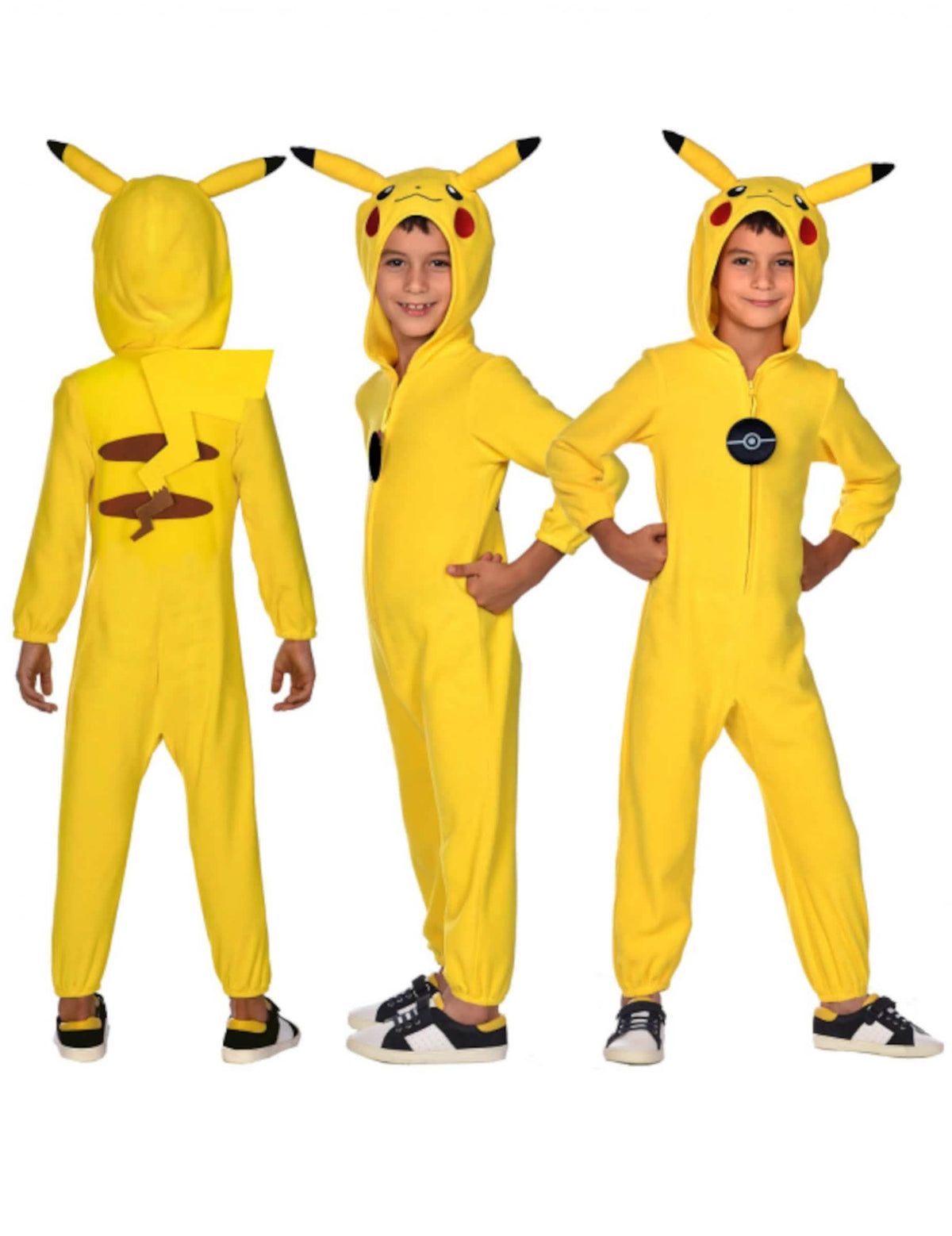 Vederi din față, din spate și din profil ale costumului salopetă Pikachu Pokémon™