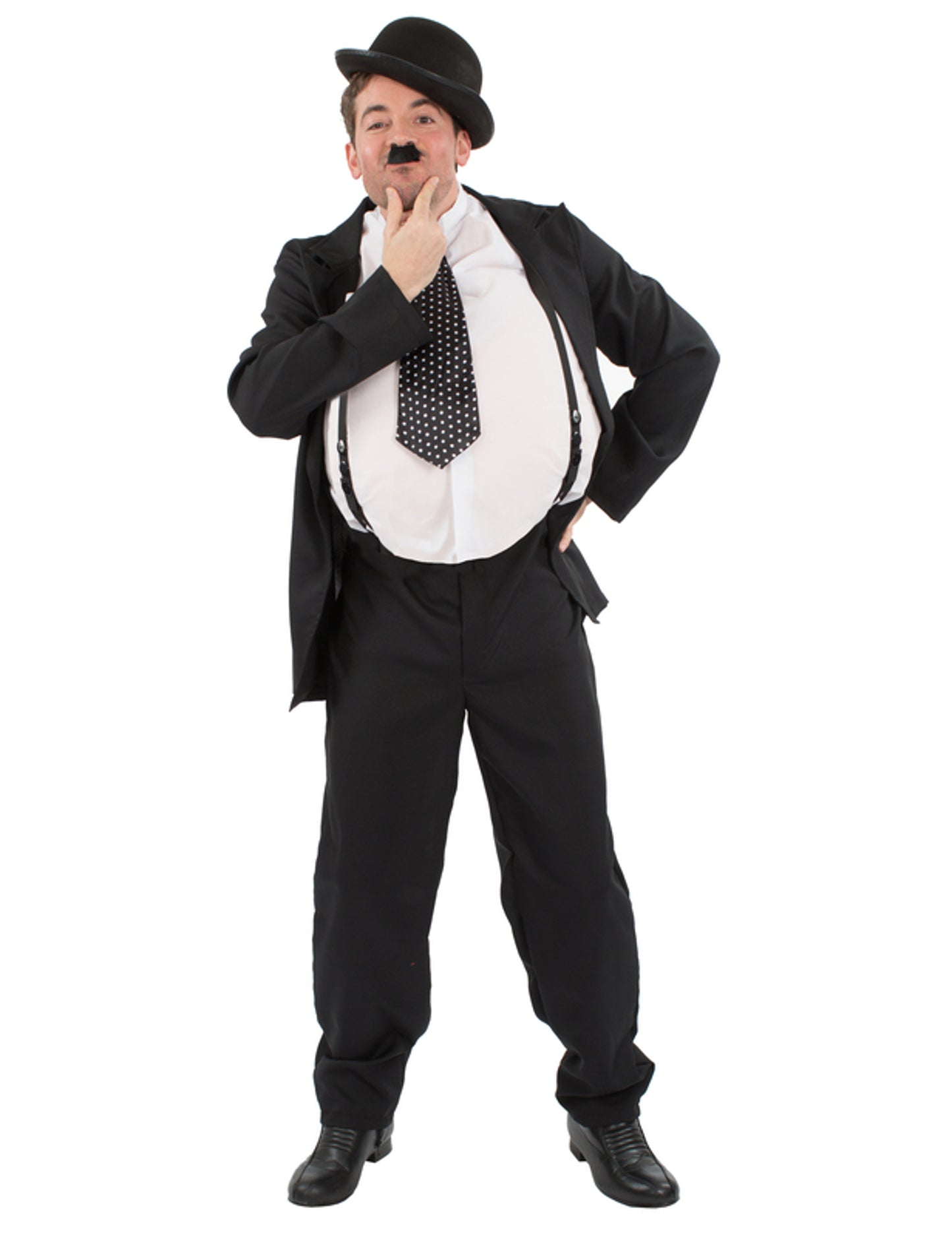 Déguisement comique Hardy pour homme noir et blanc avec gros ventre et chapeau melon