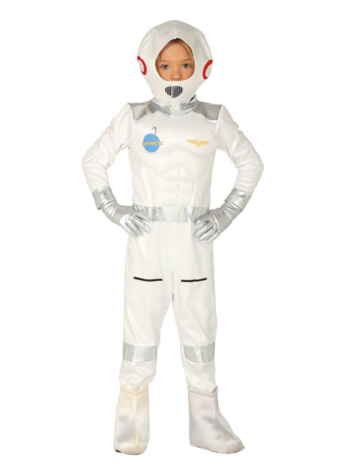costum de cosmonaut pentru copil alb și argintiu cu cască