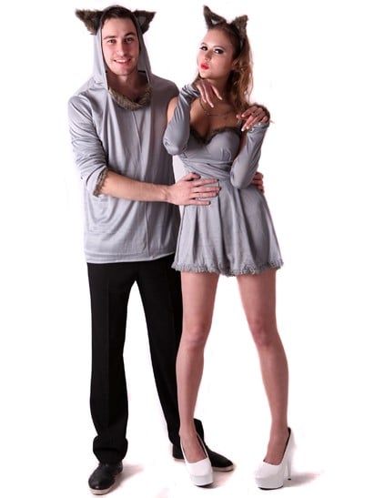 Costum de pisici pentru cuplu gri cu urechi din blană