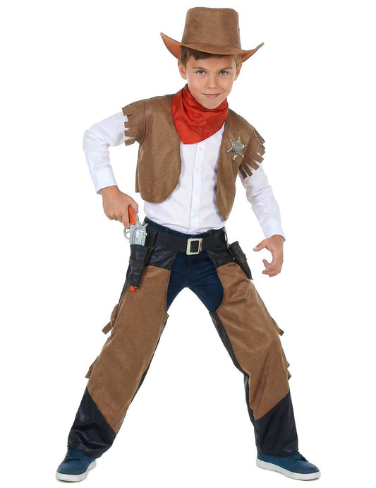Vedere frontală a costumului de cowboy pentru băiat maro