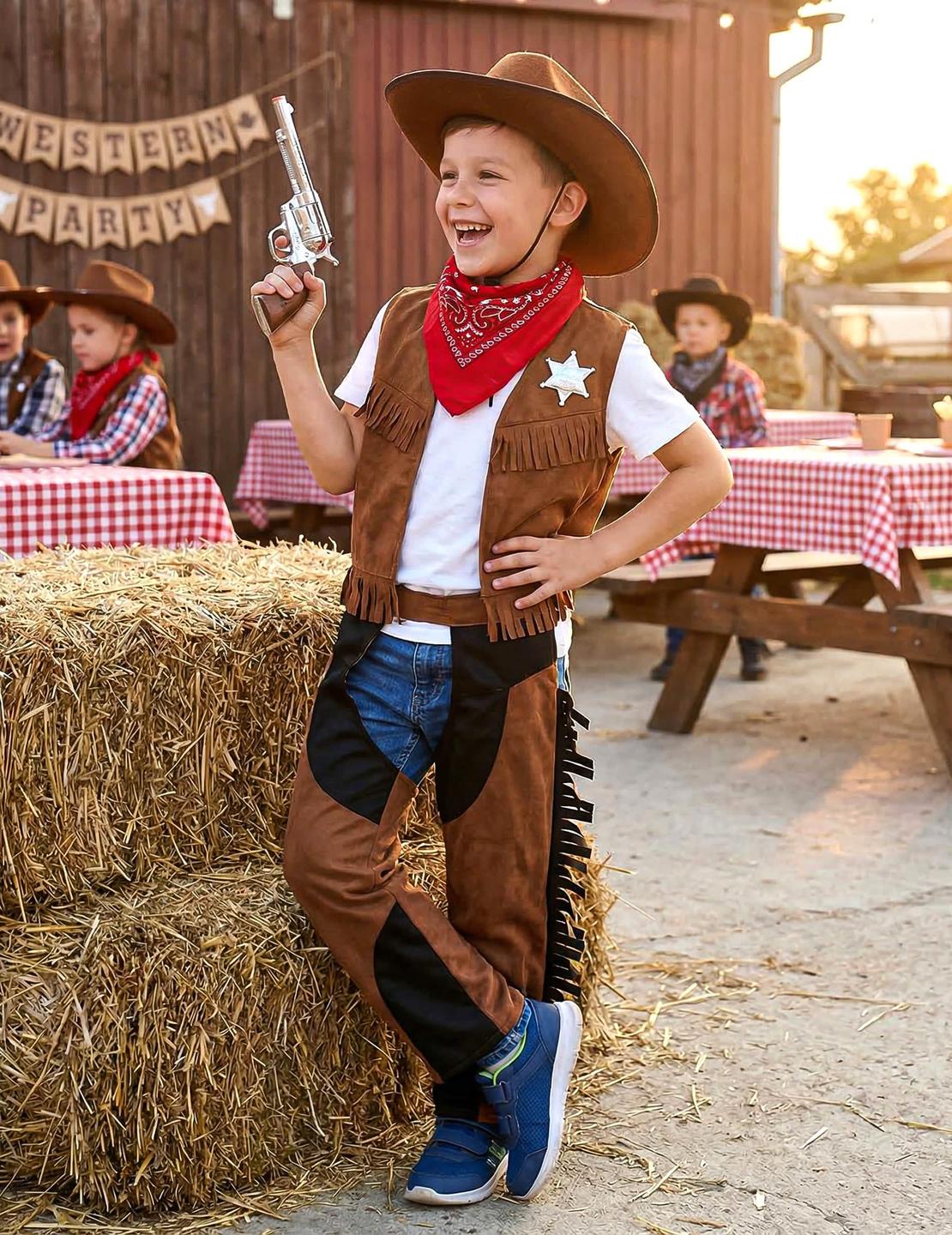 Prezentarea costumului de cowboy pentru băiat maro