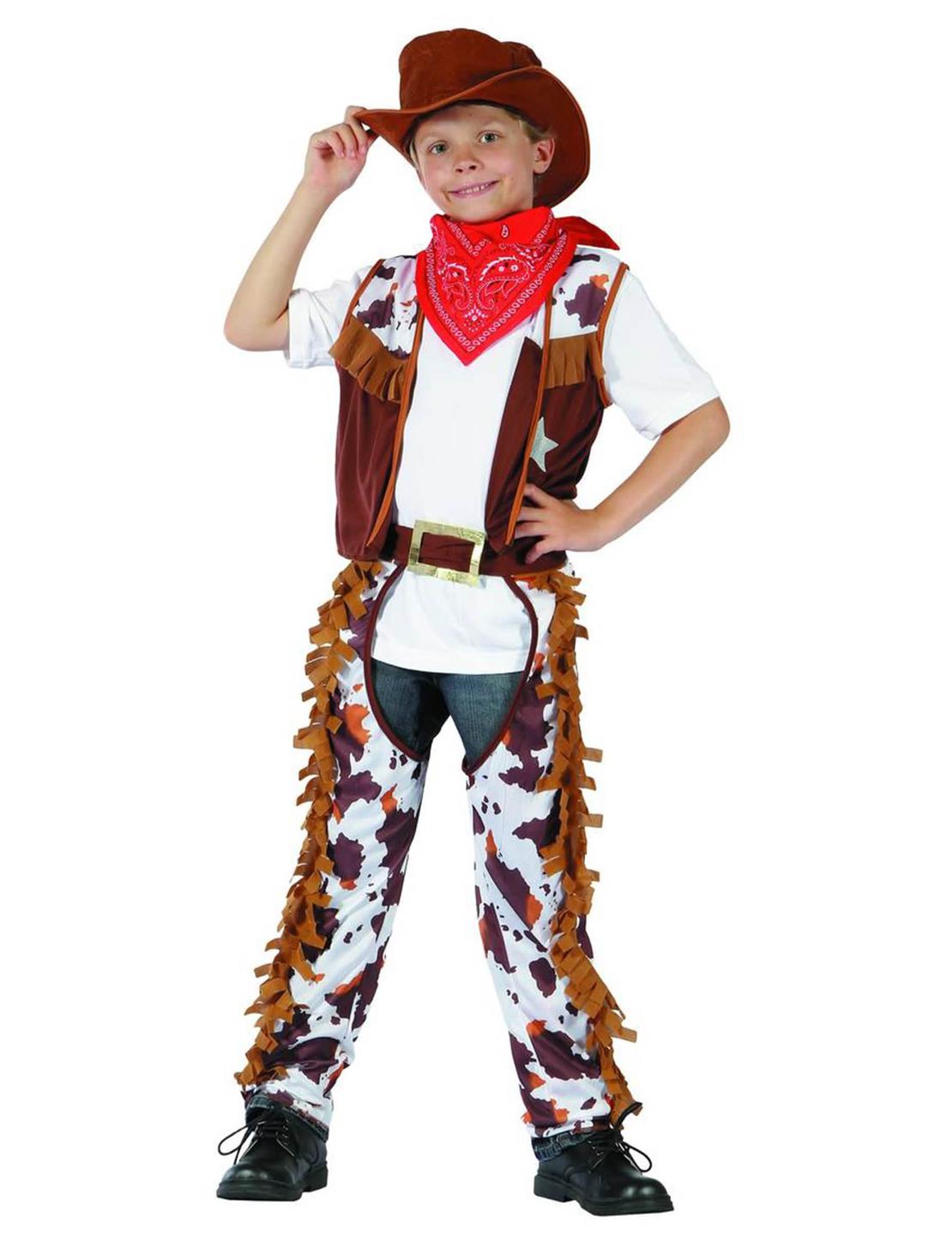 Costum de cowboy șerif pentru băiat maro și alb cu motiv vacă