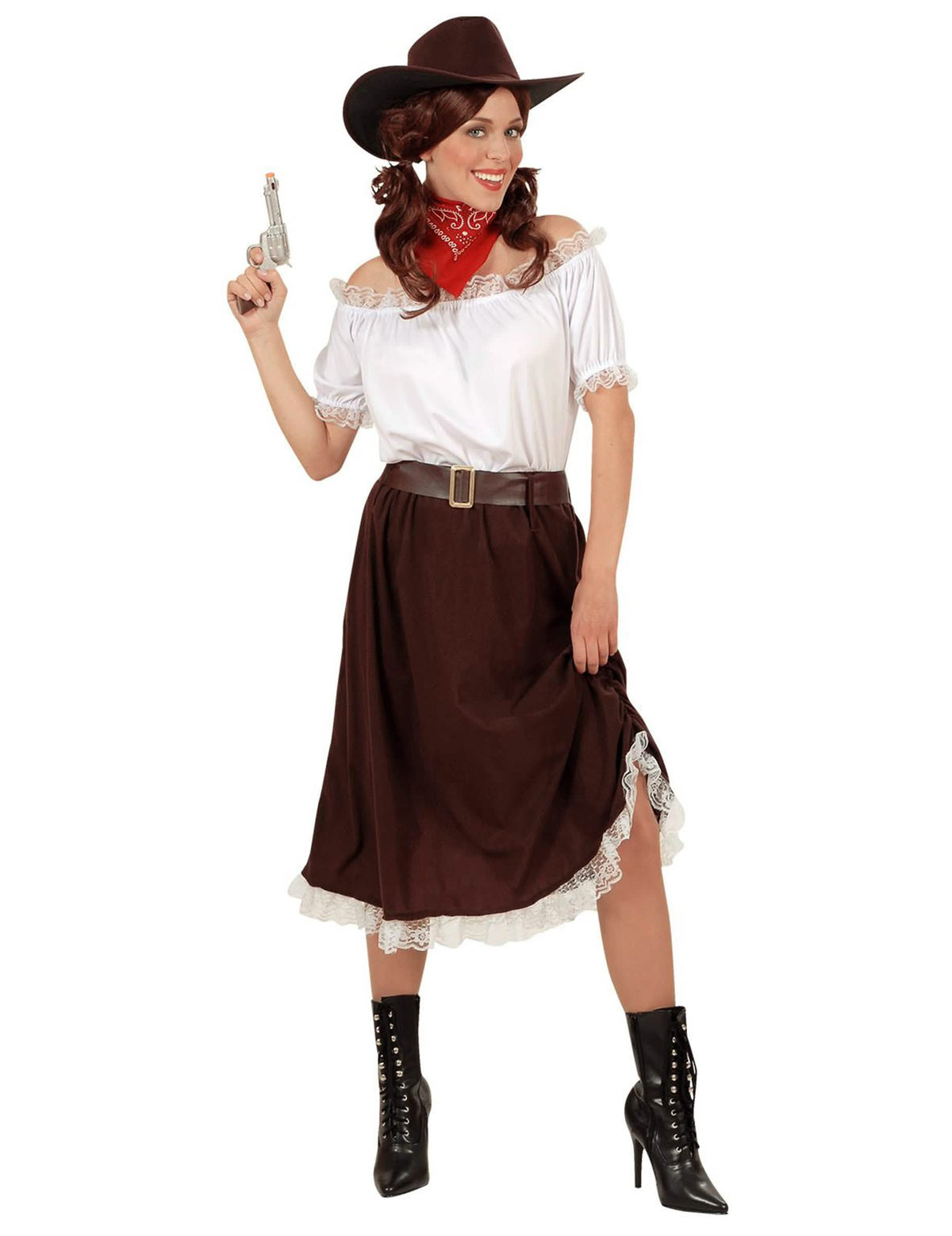 Costum de cowgirl pentru femeie alb și maro cu pălărie și bandană roșu