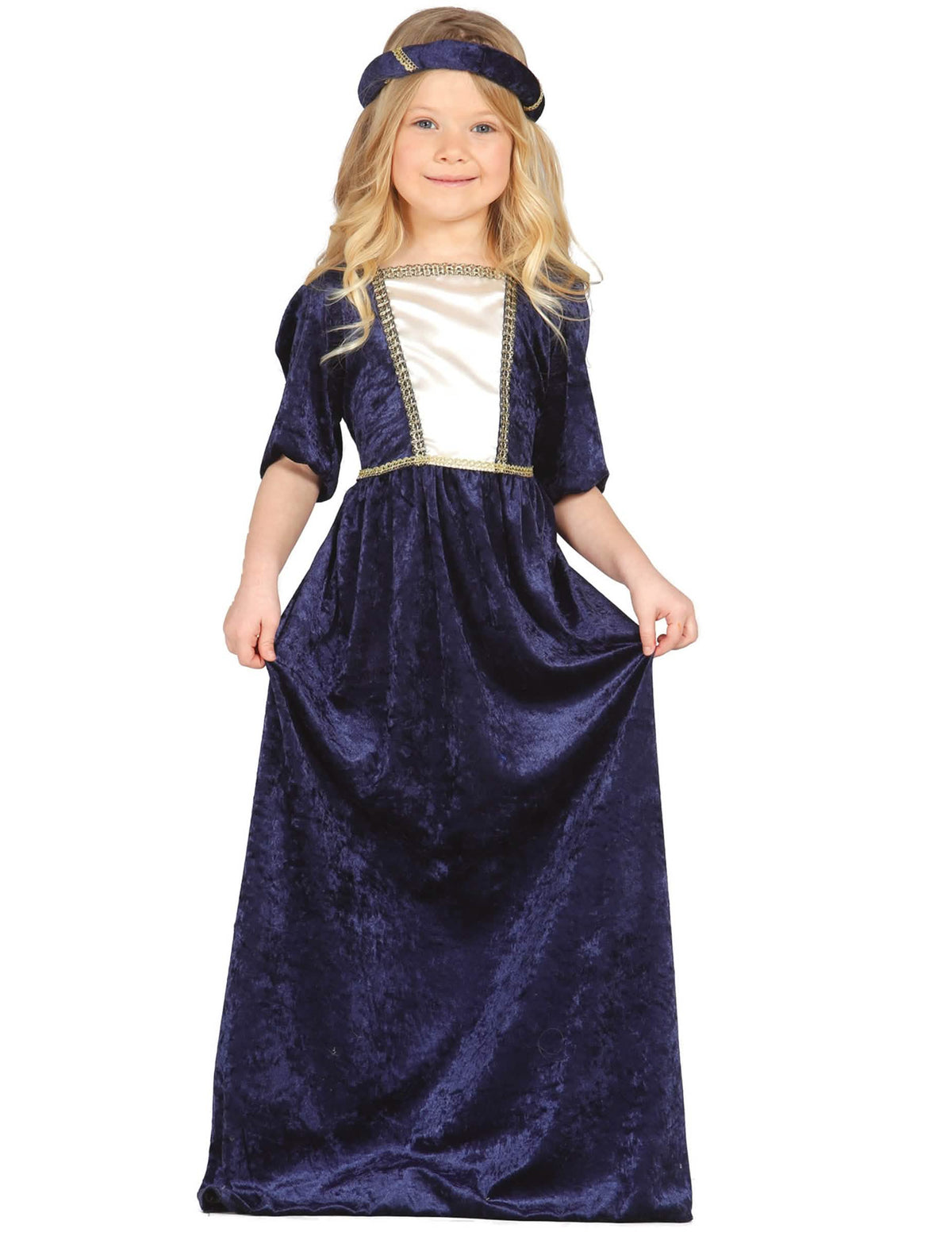 Costum de doamnă medievală pentru fată albastru cu bentiță și detalii aurii