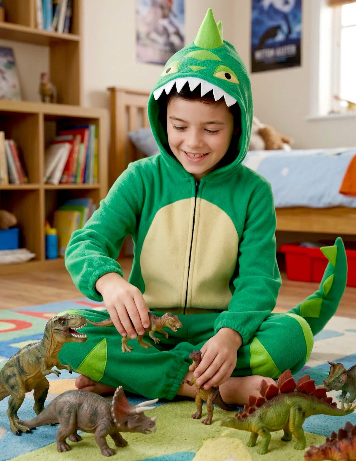 Vedere așezată în timpul jocului de costumație de dinozaur pentru copil