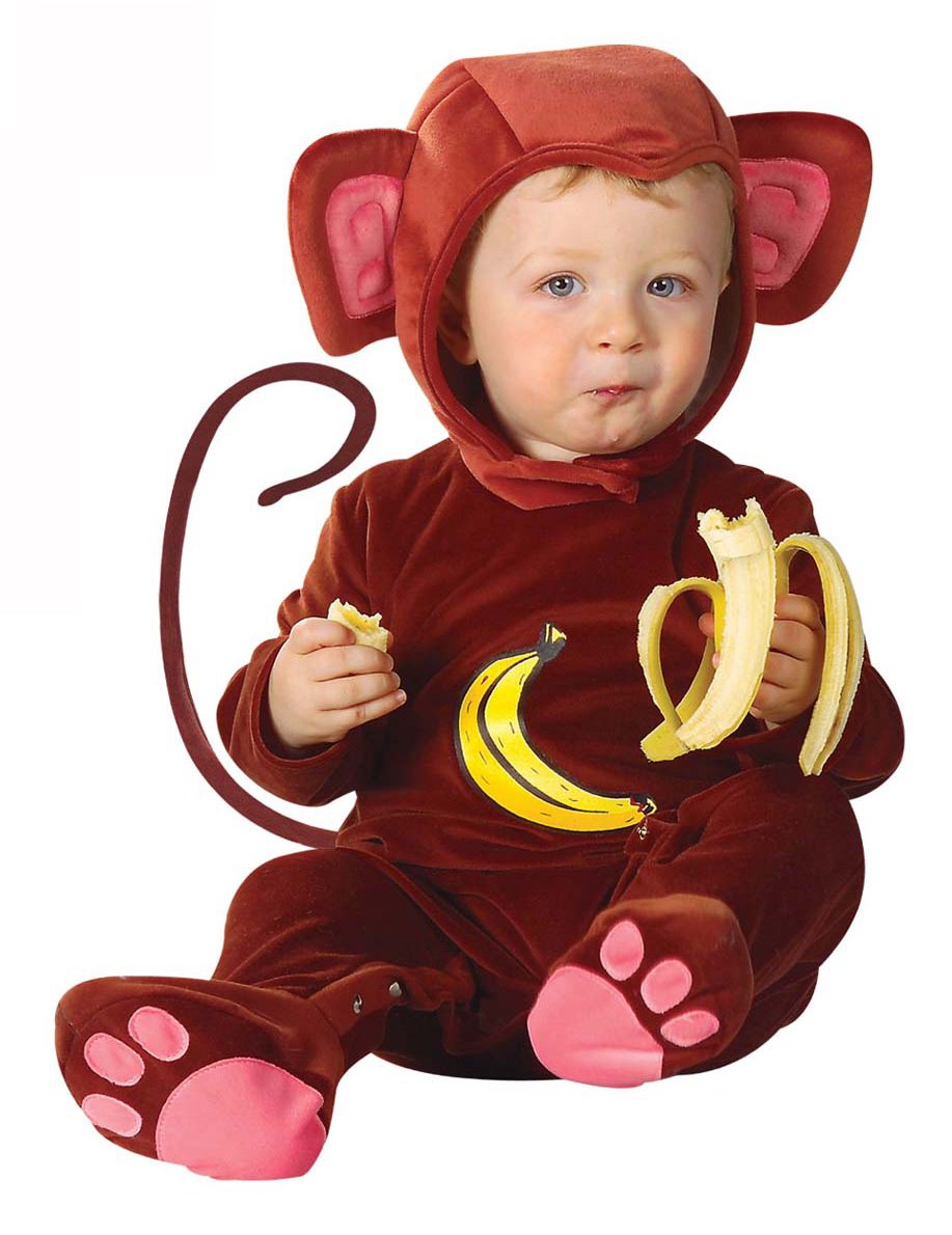 Déguisement de singe pour bébé marron effet velours avec motif banane