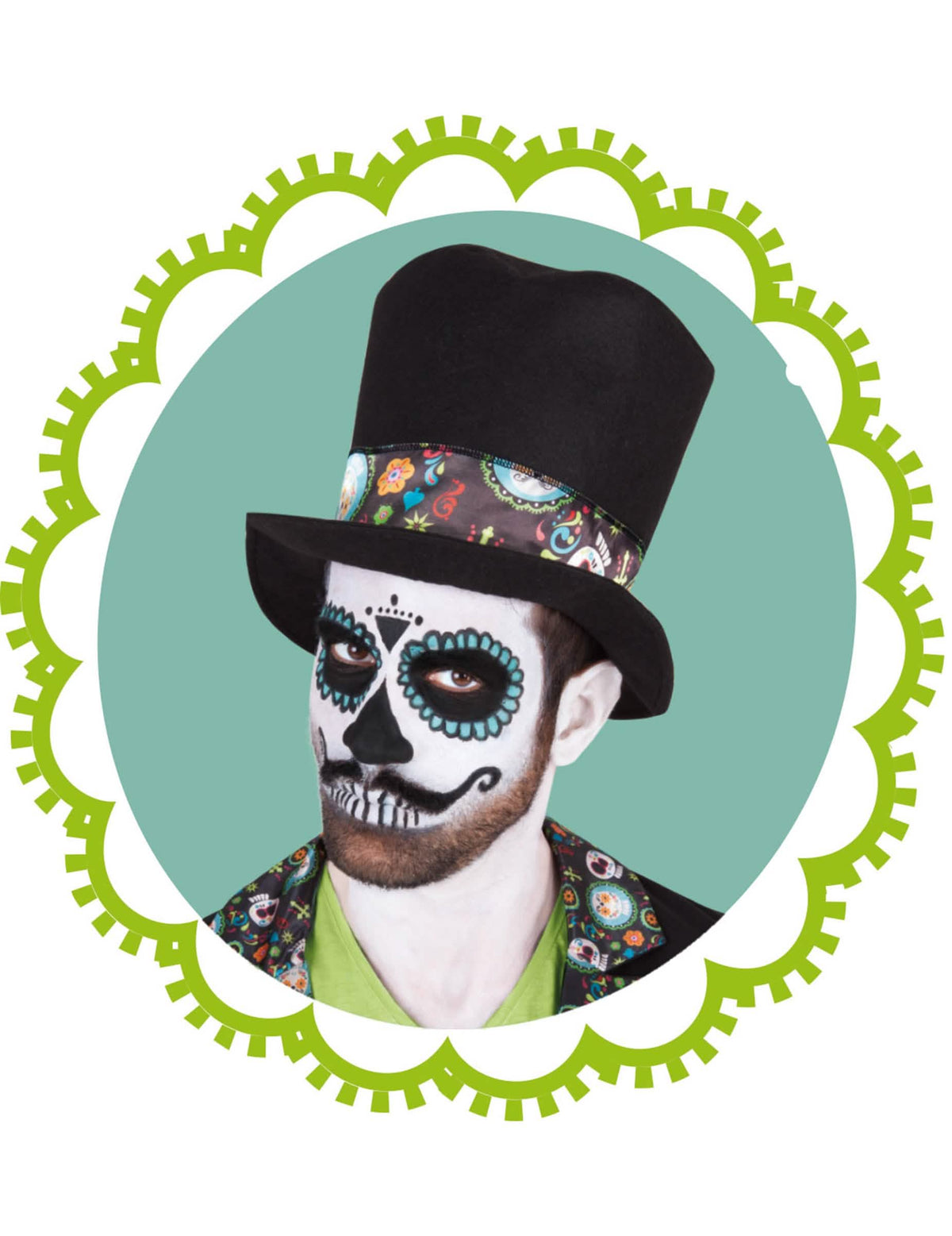 Prim-plan asupra machiajului și a pălăriei melon a costumului Dia de los muertos pentru bărbat