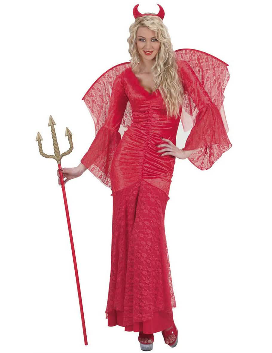 Costum de diablesă pentru femeie roșu din dantelă cu aripi și coarne