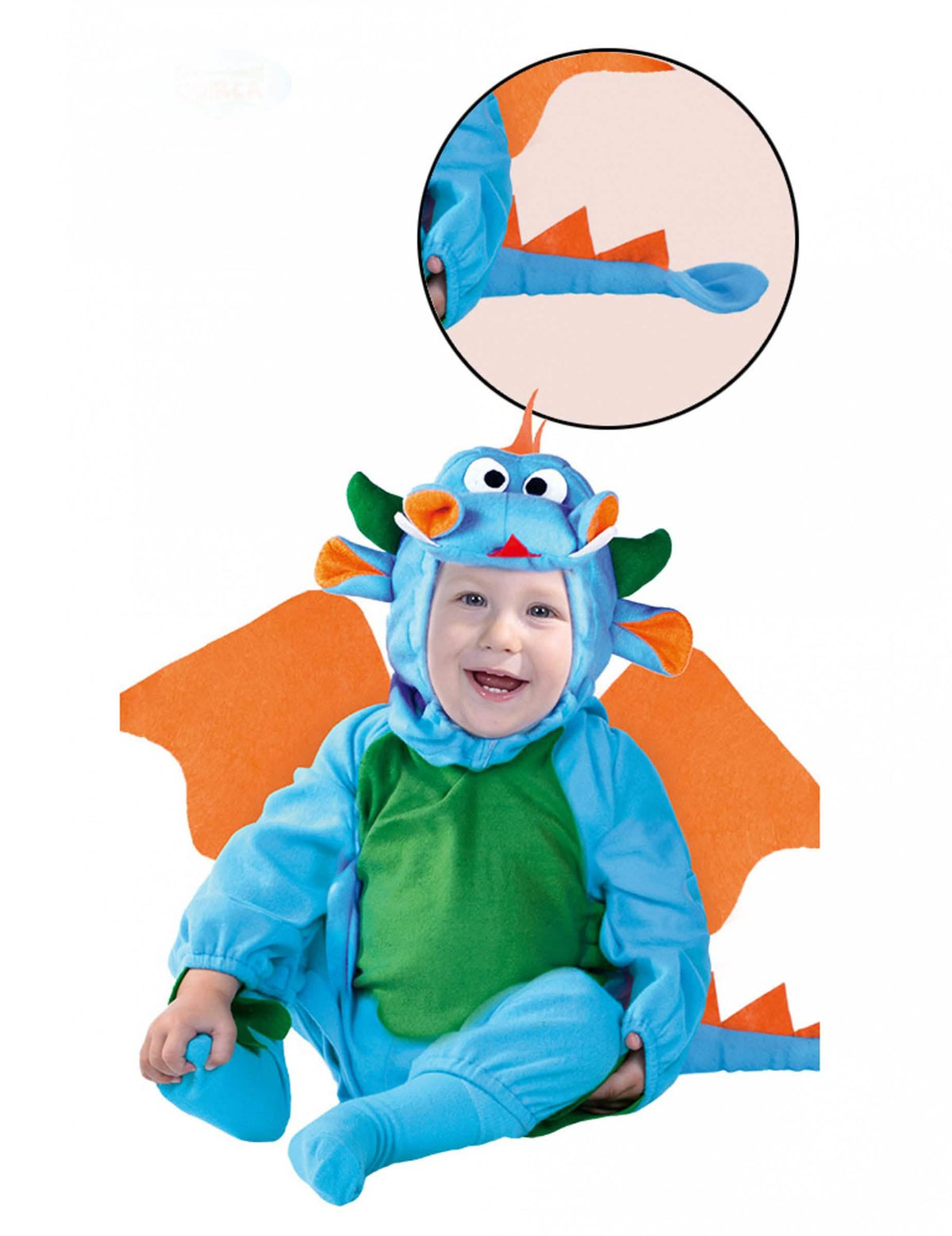 Costum de dragon pentru bebeluș albastru cu aripi portocaliu și burtă verde