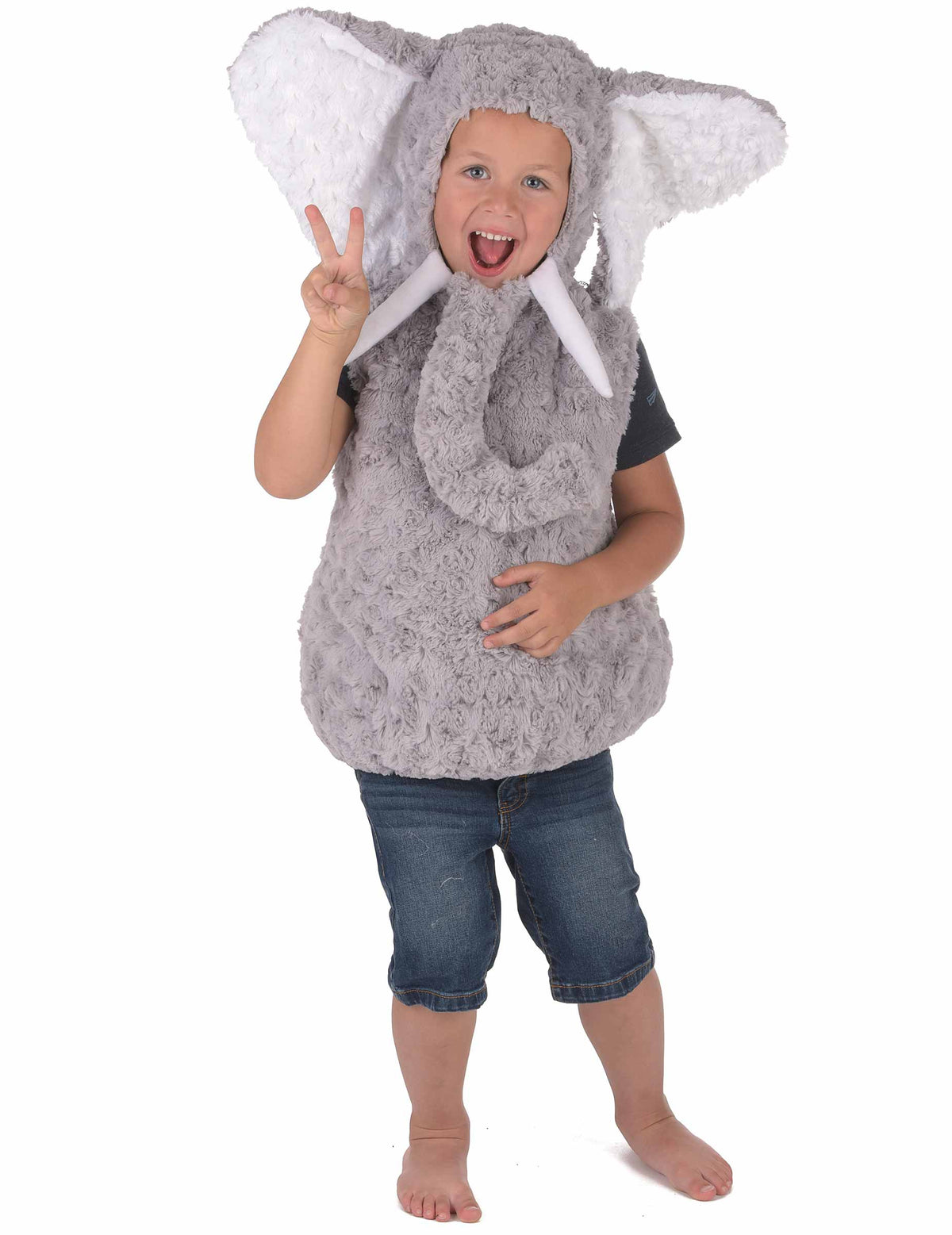 Vedere de ansamblu a costumului de elefant pentru copil