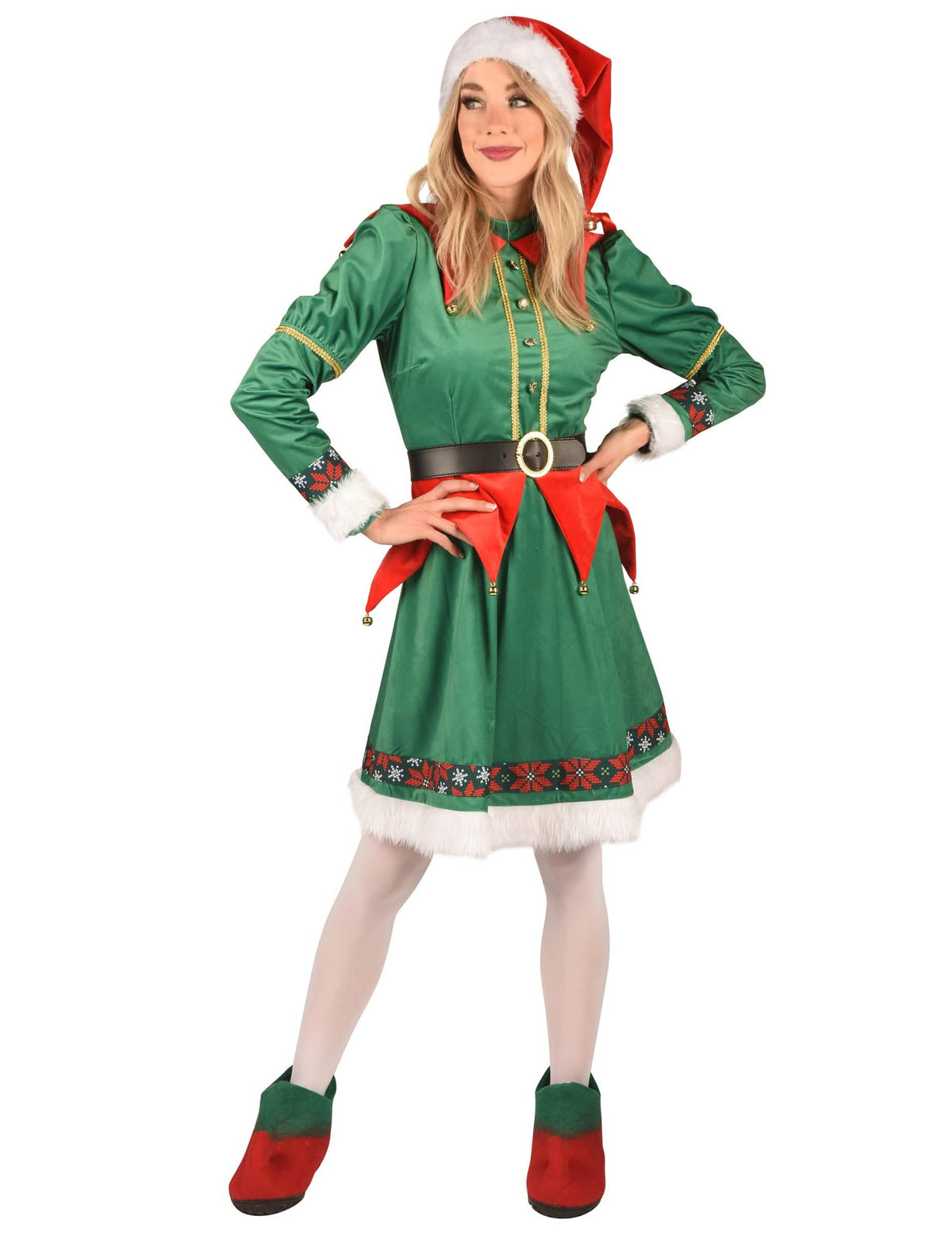 Costum de elf de crăciun lux pentru femeie verde și roșu cu bonetă