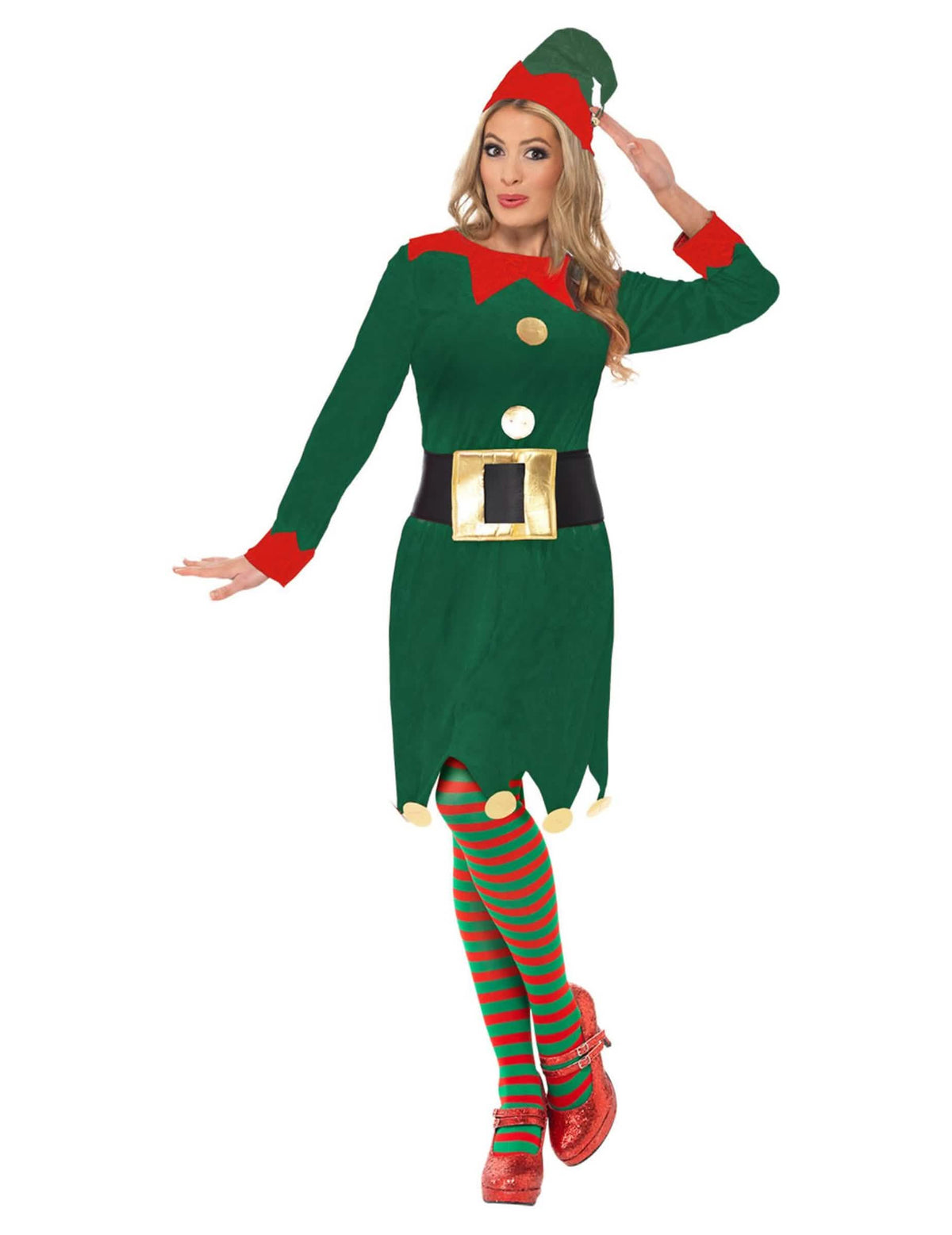 Costum de elf pentru femeie verde și roșu cu bonetă și colanți dungiți