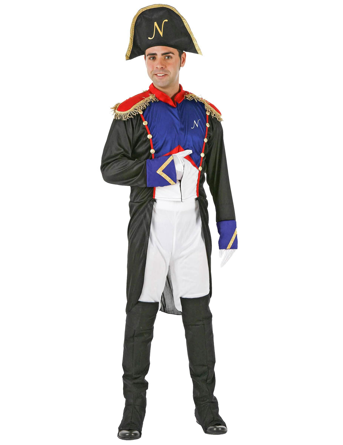 Costum de împărat francez pentru bărbat negru, albastru și roșu cu bicorn