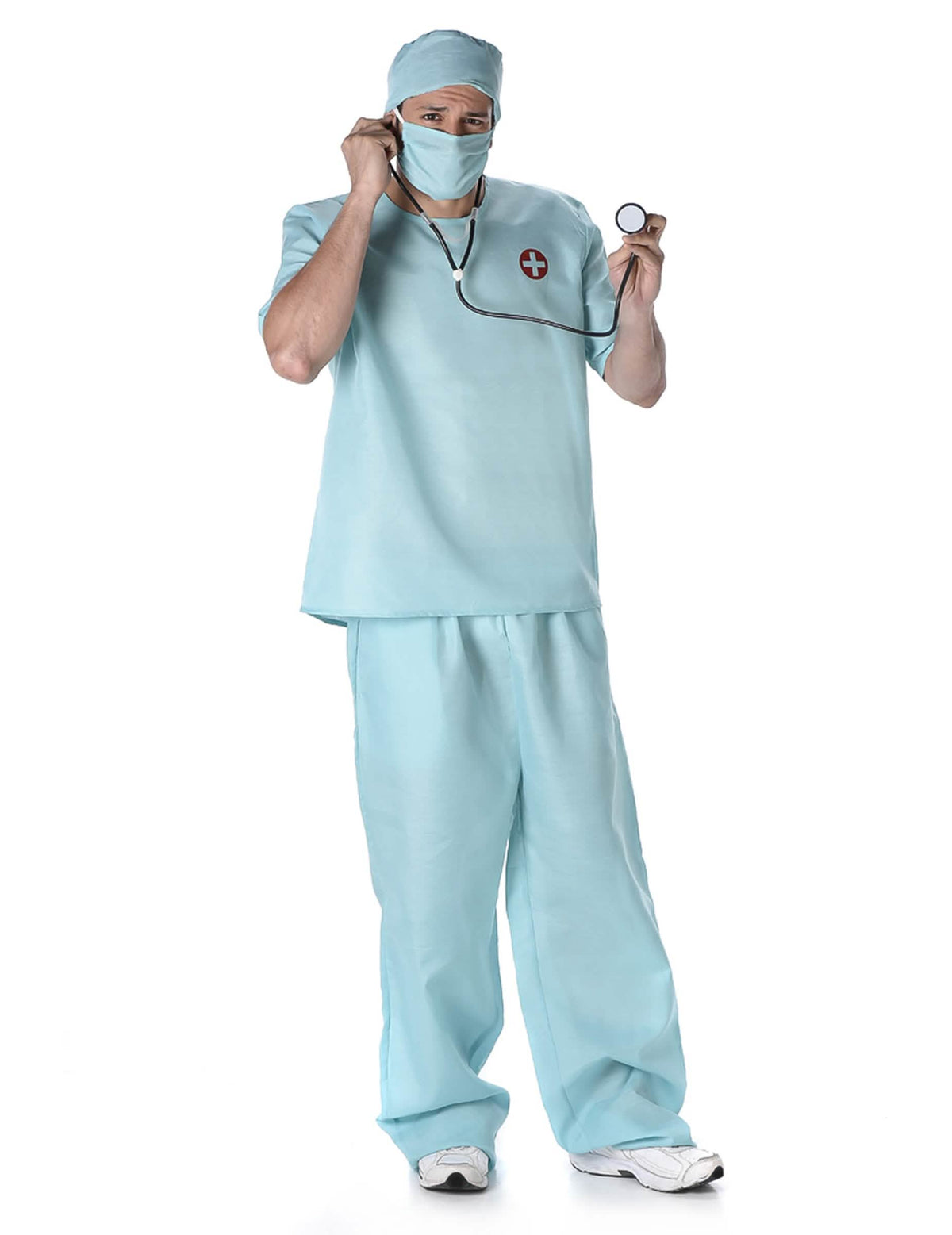 Costum și accesorii de doctor chirurg pentru bărbat albastru cu mască și stetoscop