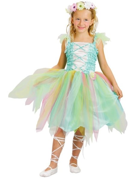 Costum de zână pentru fetițe, verde deschis, cu poale din tul multicolor