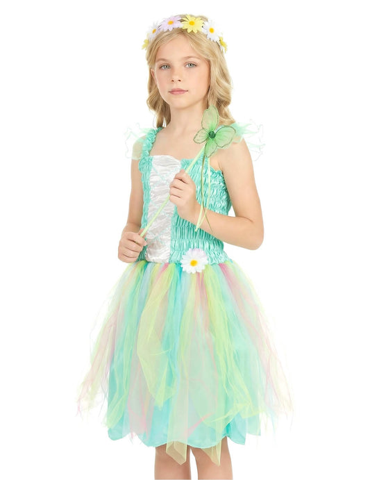 Vue rapprochée du buste et des accessoires du déguisement de fée pour fille
