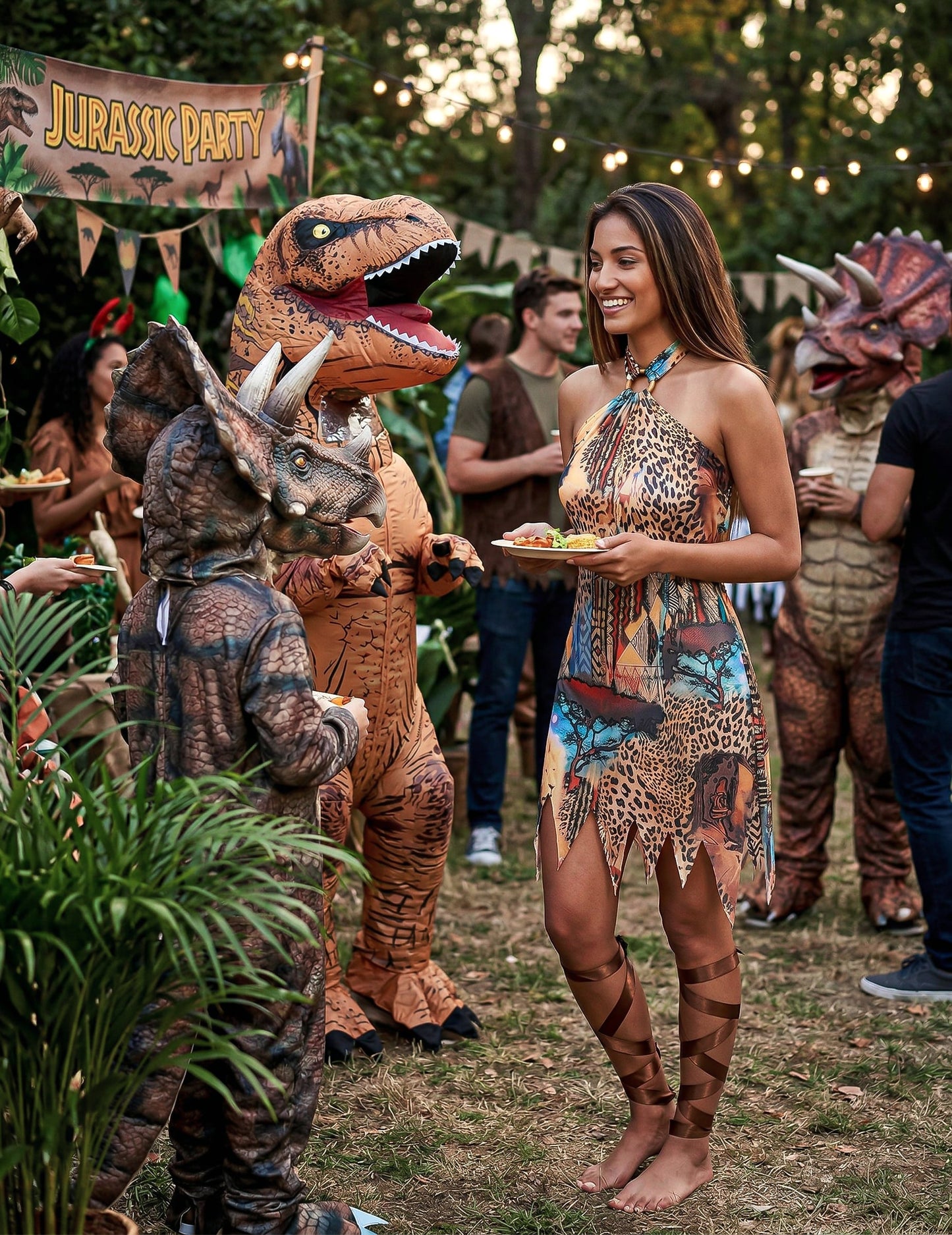 Mise en situation du déguisement de la jungle pour femme lors d'une fête à thème