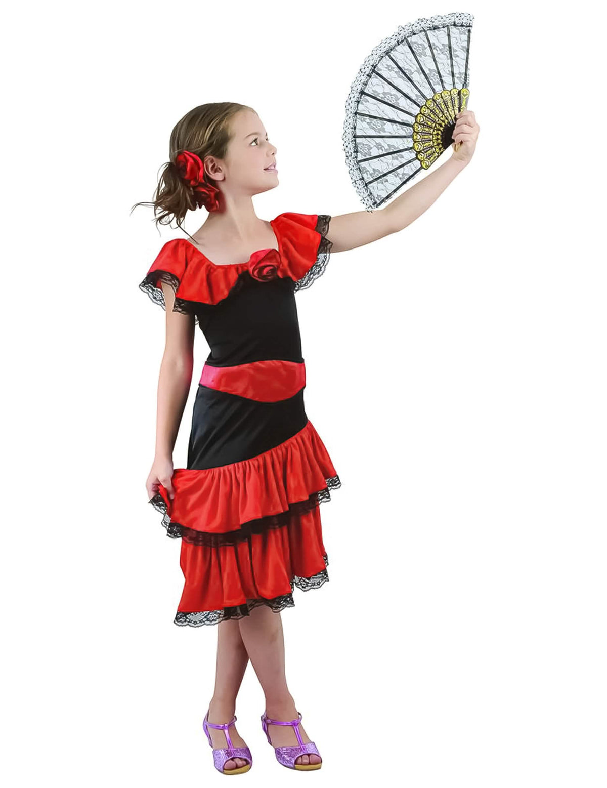 Costum flamenco pentru fată roșu și negru cu dantelă și evantai