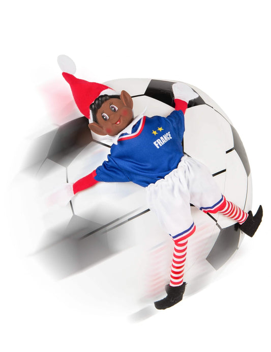 Mise en scène sur un ballon de football du déguisement footballeur équipe de France pour poupée lutin farceur