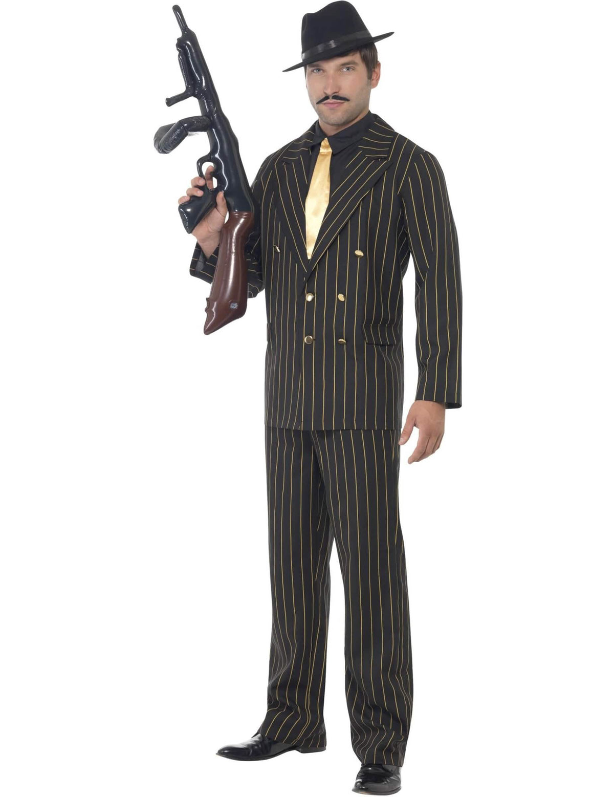 Vedere cu pălărie și mitralieră cară-mă a costumului de gangster Charleston în dungi