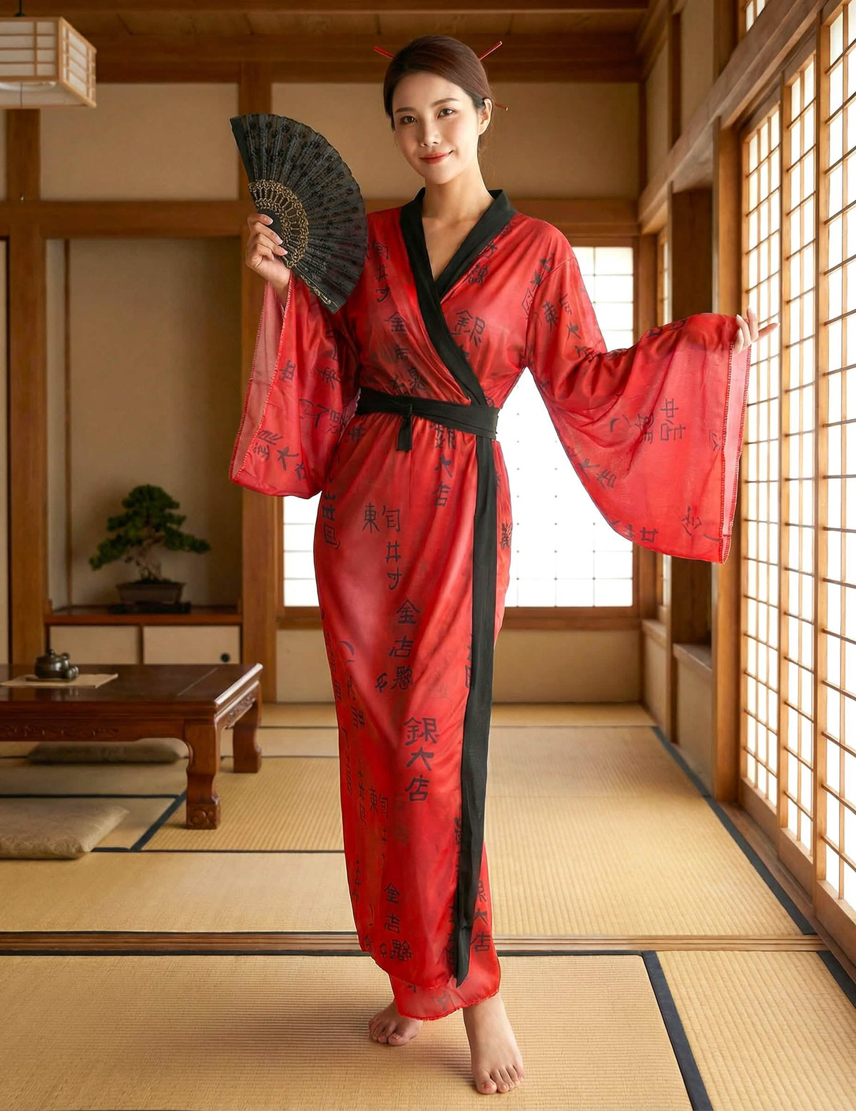 Vedere din față, în picioare, a costumului kimono geisha