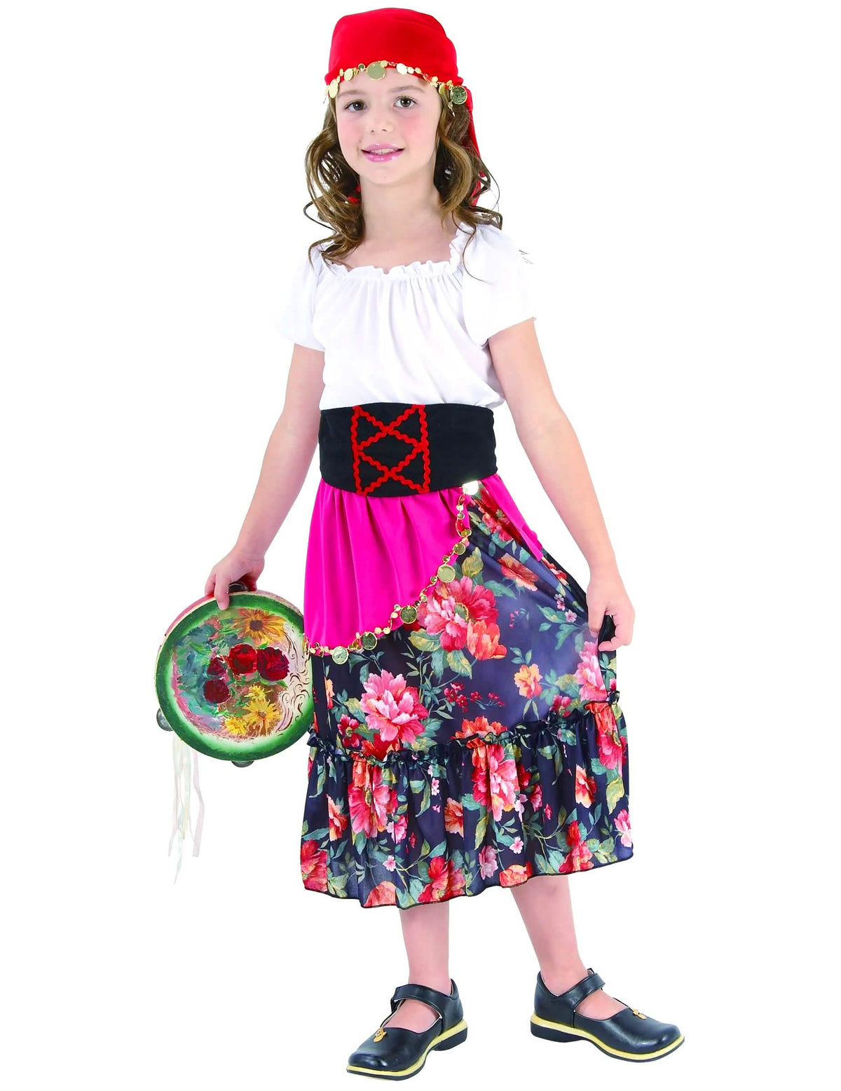 Costum de țigancă pentru copil multicolor cu fustă cu flori și bandană roșu
