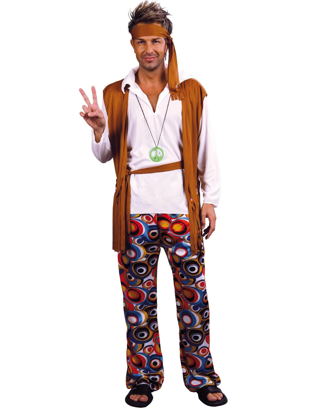 Vue de face de la tenue homme du déguisement de hippies pour couple multicolores