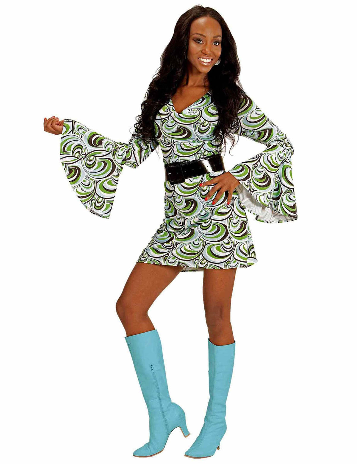 Costum groovy waves anii 70 pentru femeie verde alb și negru cu curea neagră