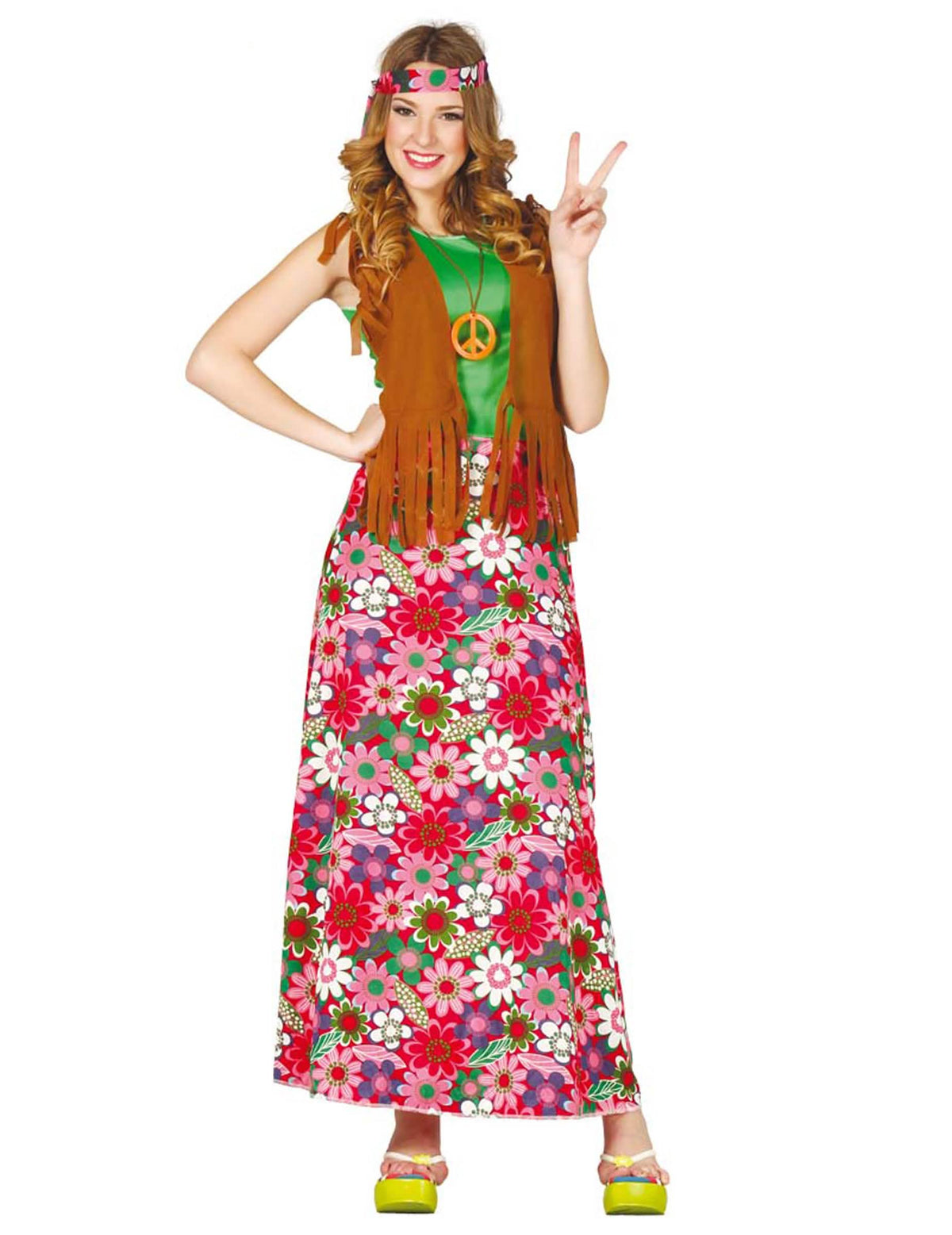 Costum happy hippie pentru femeie cu fustă lungă cu flori și vestă cu franjuri maro