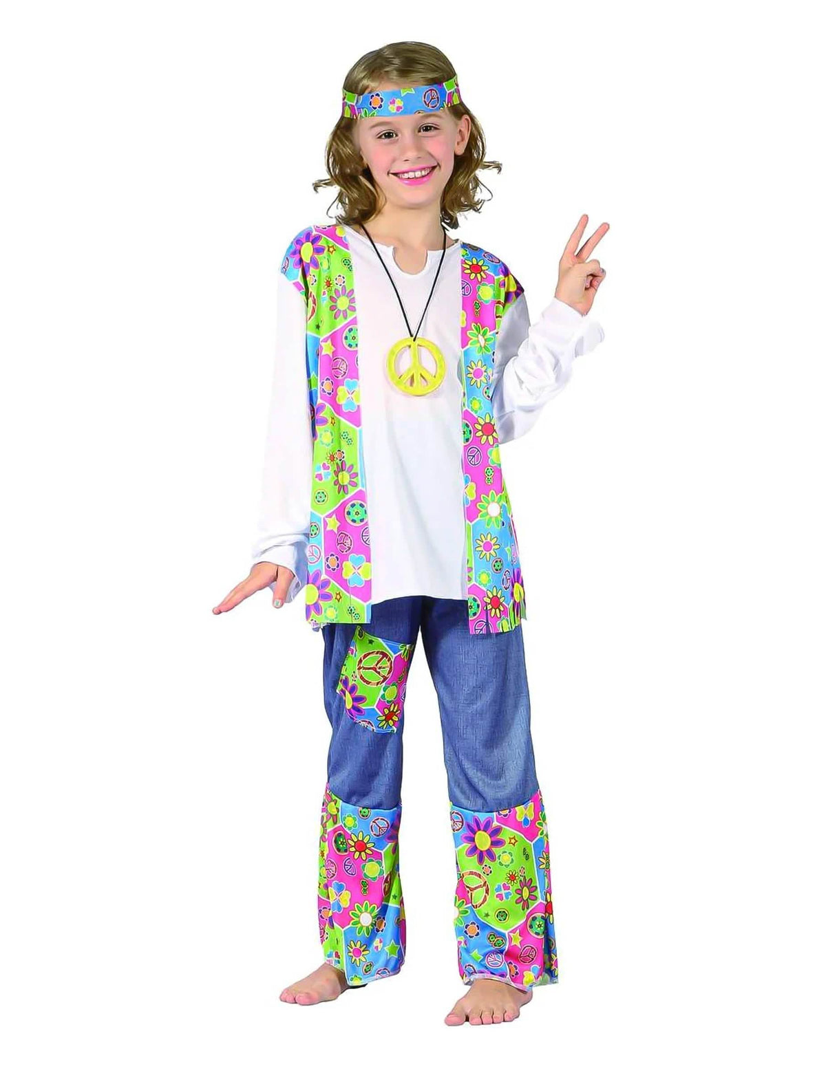 Disfraz hippie cu vestă cu franjuri pentru fată multicolor cu motive psihodelice