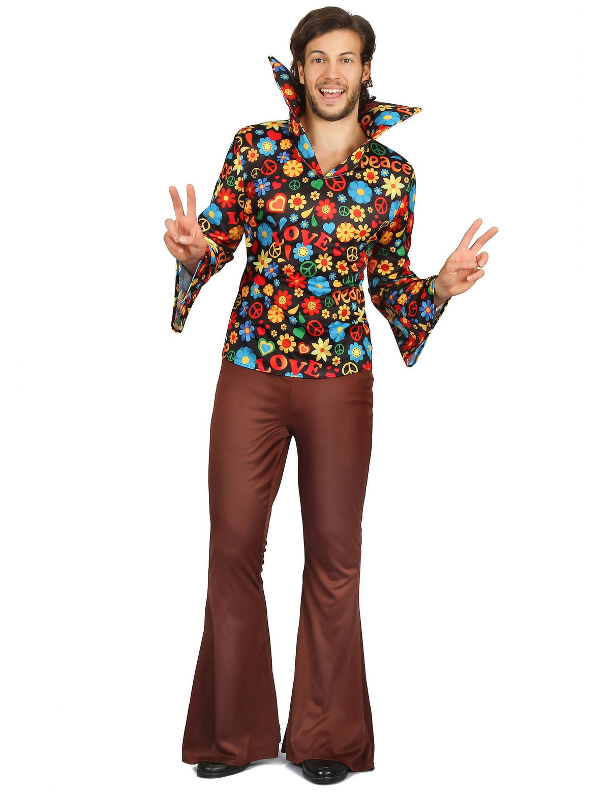 Costum hippie pentru bărbat cu flori multicolore și pantaloni maro