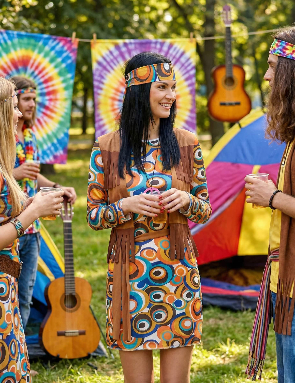 Punere în scenă festivă a costumului hippie cu motive rotunde