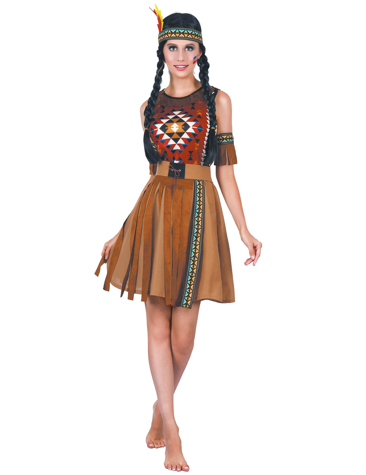 Costume indiană cu franjuri pentru femeie maro cu motive etnice și bentiță