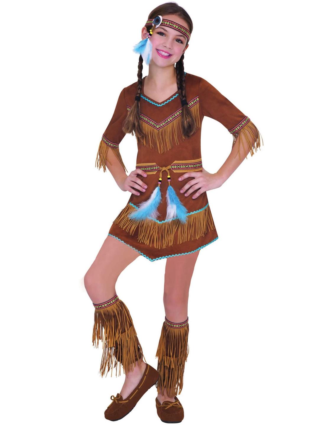 Costum de fată indigenă maro cu capcane de vise, cu franjuri și pene albastre