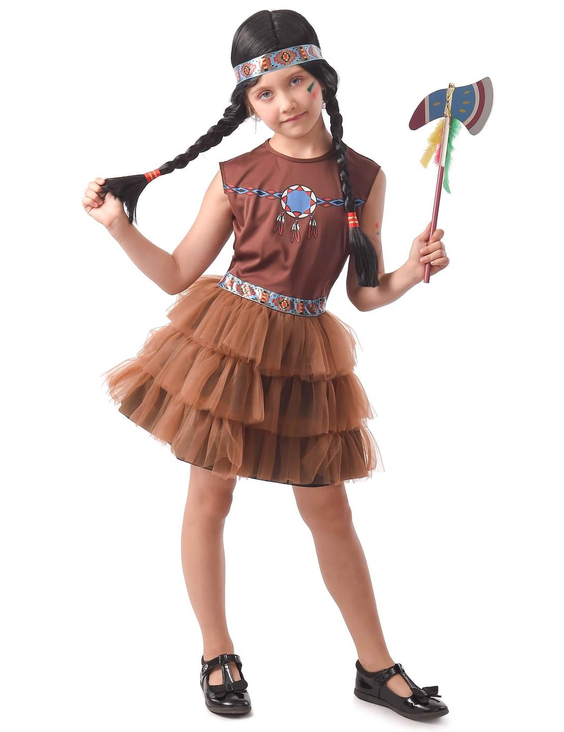 Costum de indiană elegant pentru fată maro cu jupon din tul și bentiță tribală