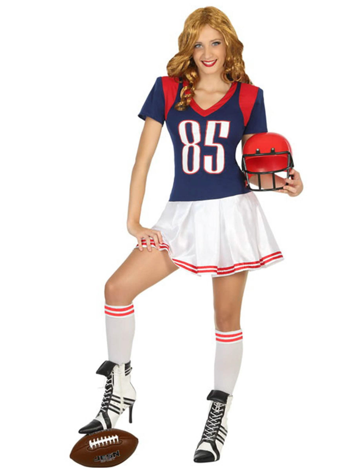 Costum de jucătoare de fotbal american pentru femeie albastru alb și roșu cu numărul 85