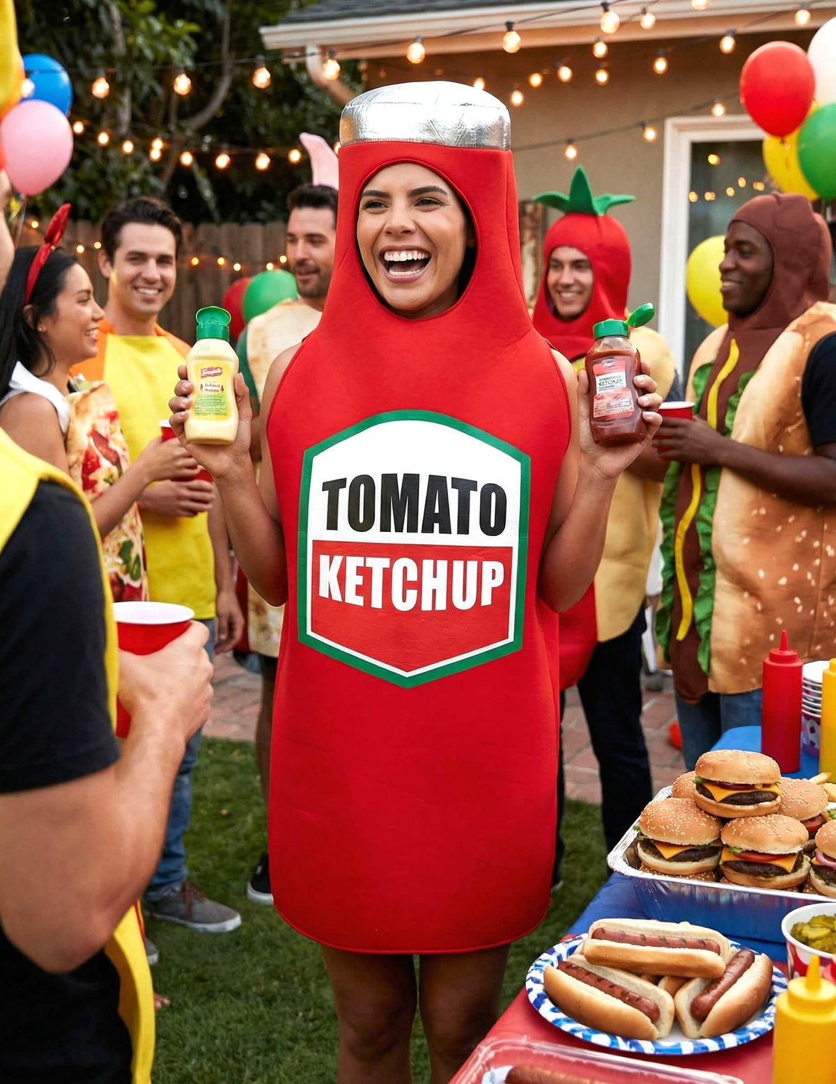 Prezentare festivă a costumului de ketchup pentru adult