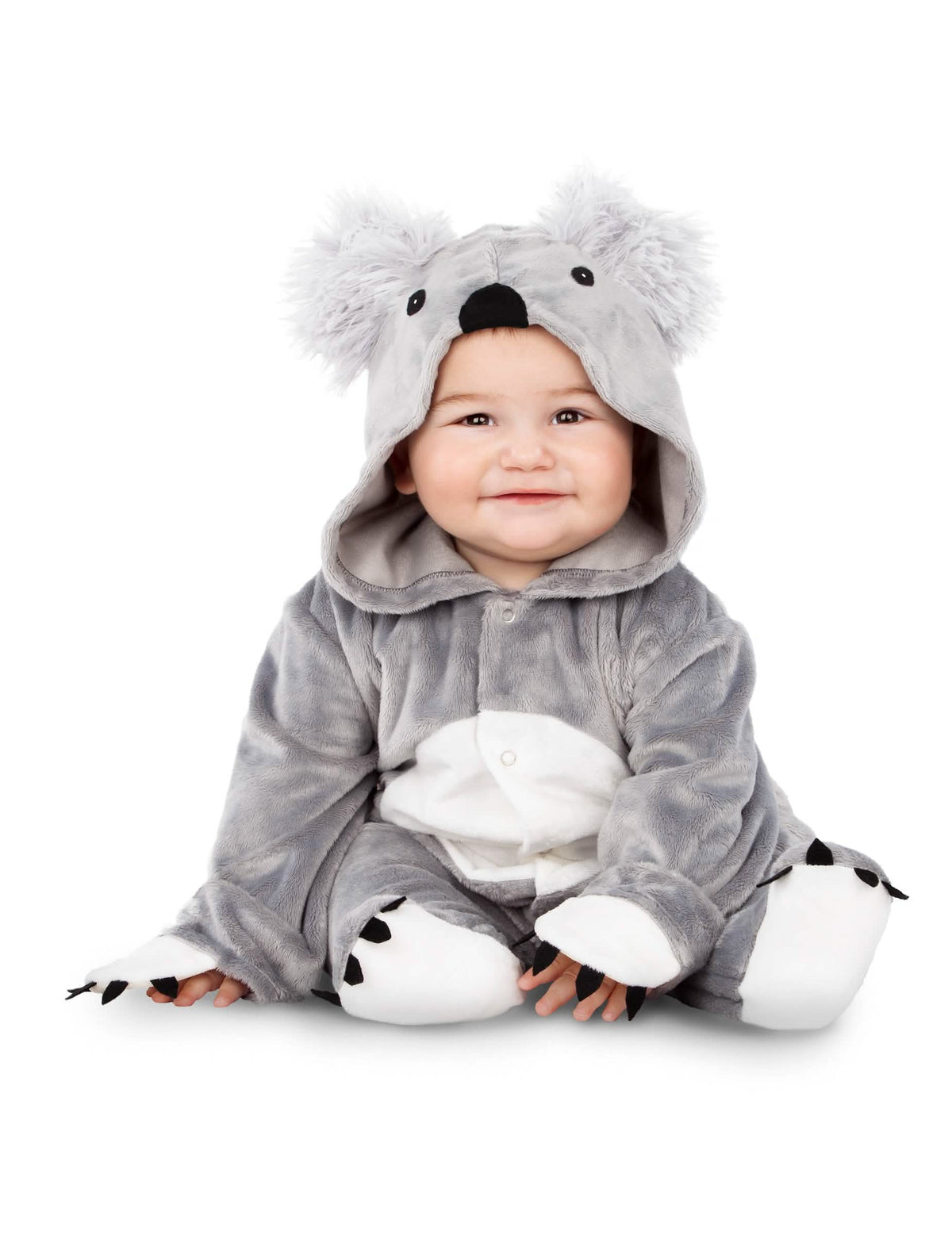 Costum de koala pentru bebeluș gri și alb cu glugă