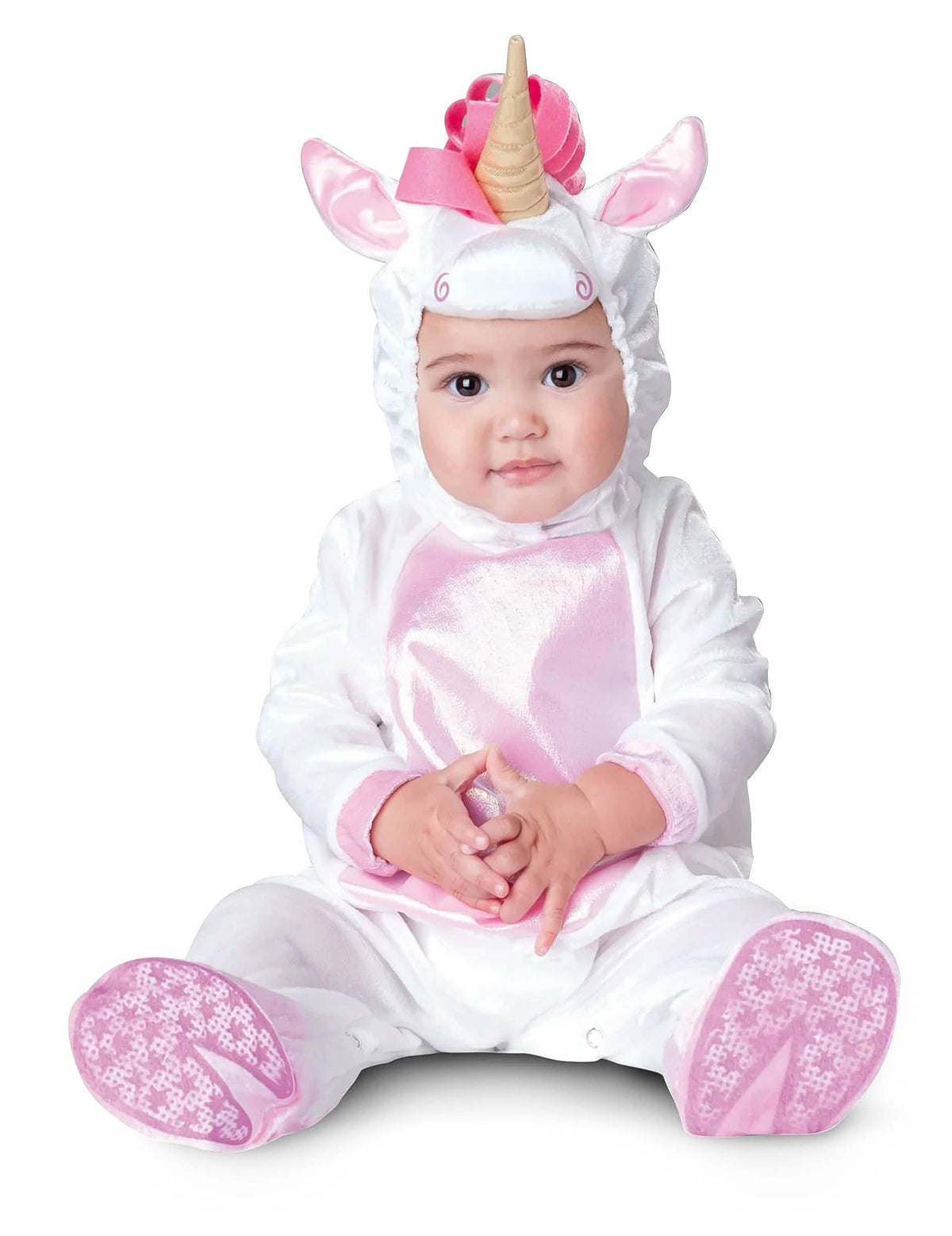 Costum de unicorni pentru bebeluș alb și roz cu corn auriu