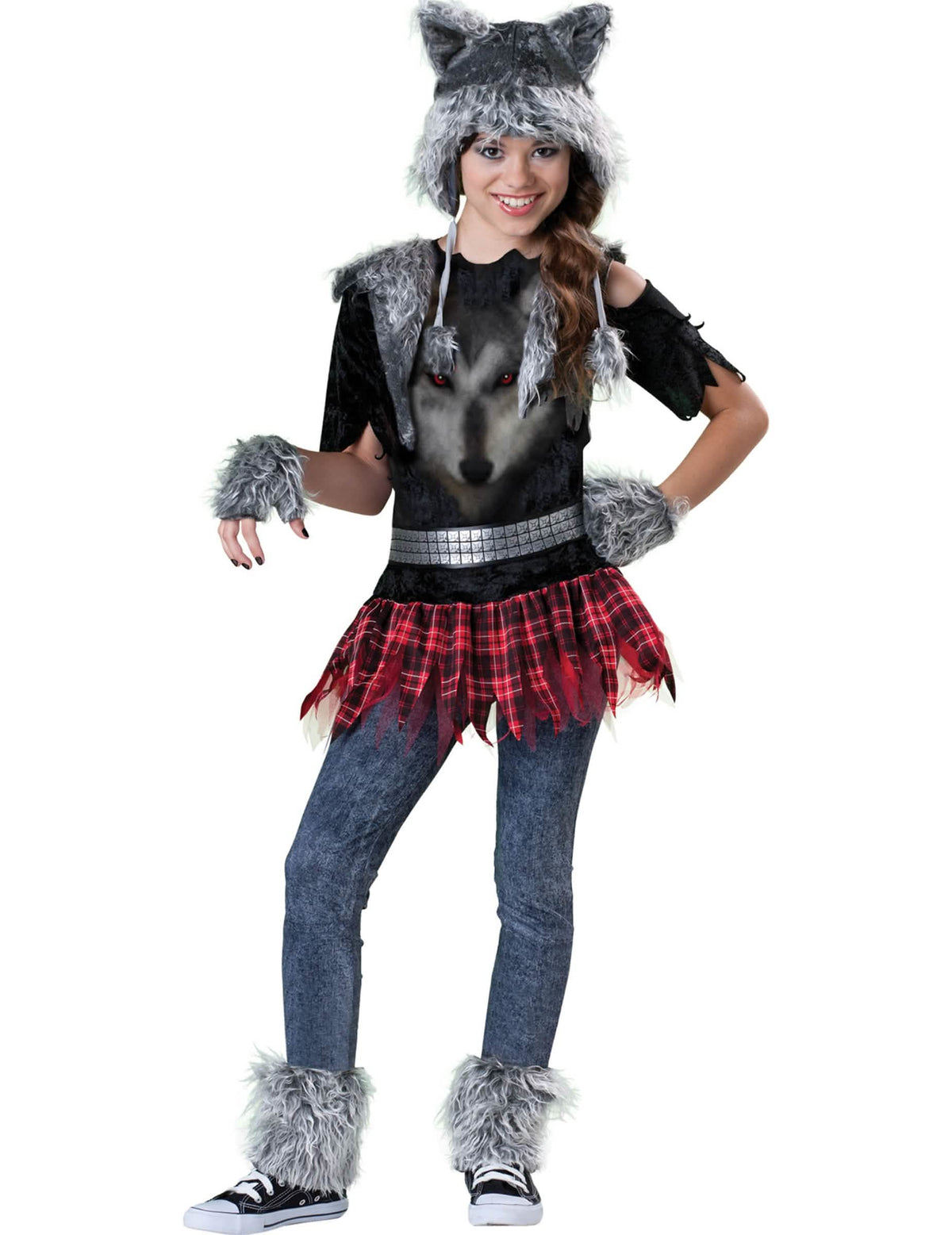Costum de lup pentru fată gri și roșu cu fustă în carouri și bonetă din blană artificială