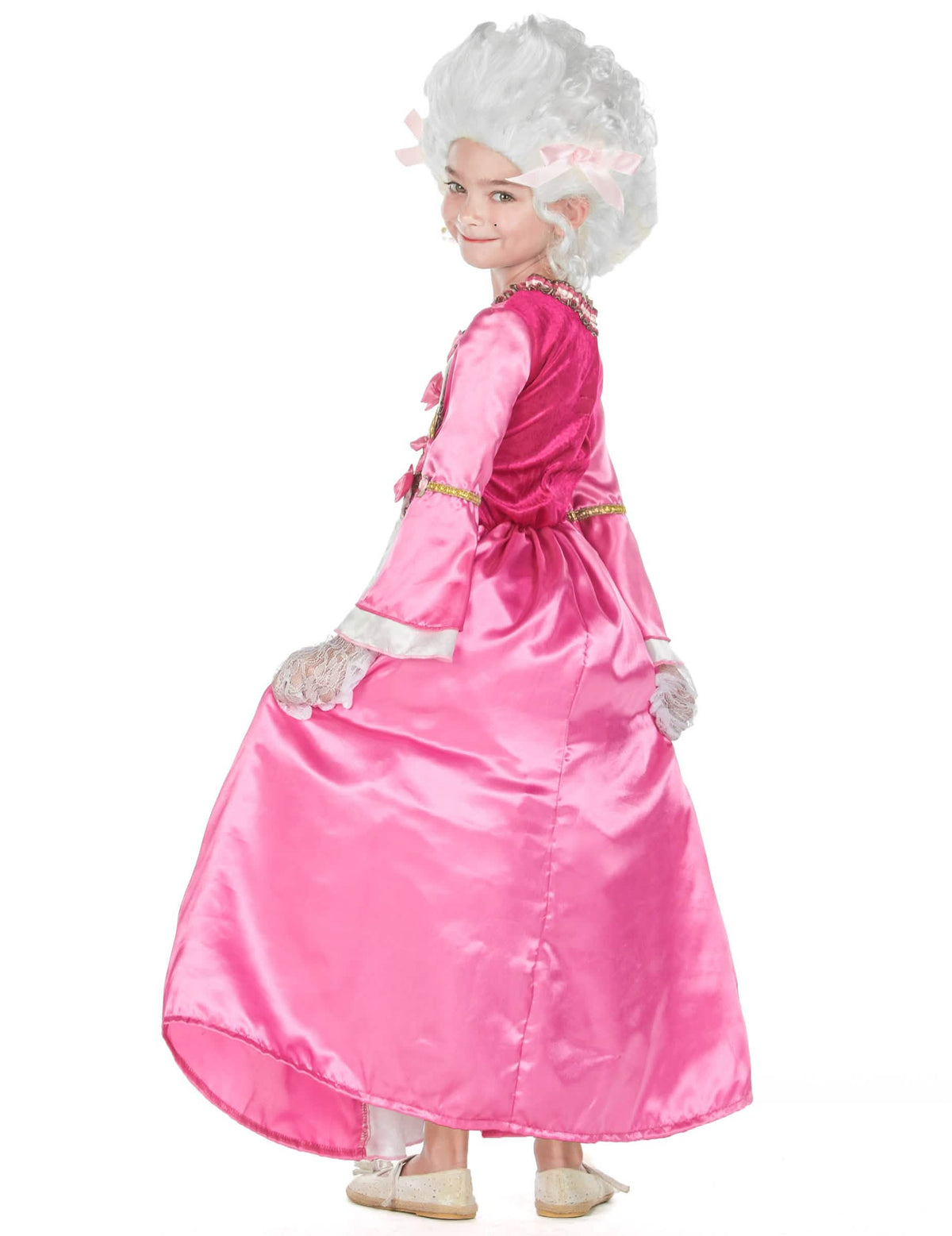 Vedere din spate a rochiei roz a costumului de Marie-Antoinette pentru copil