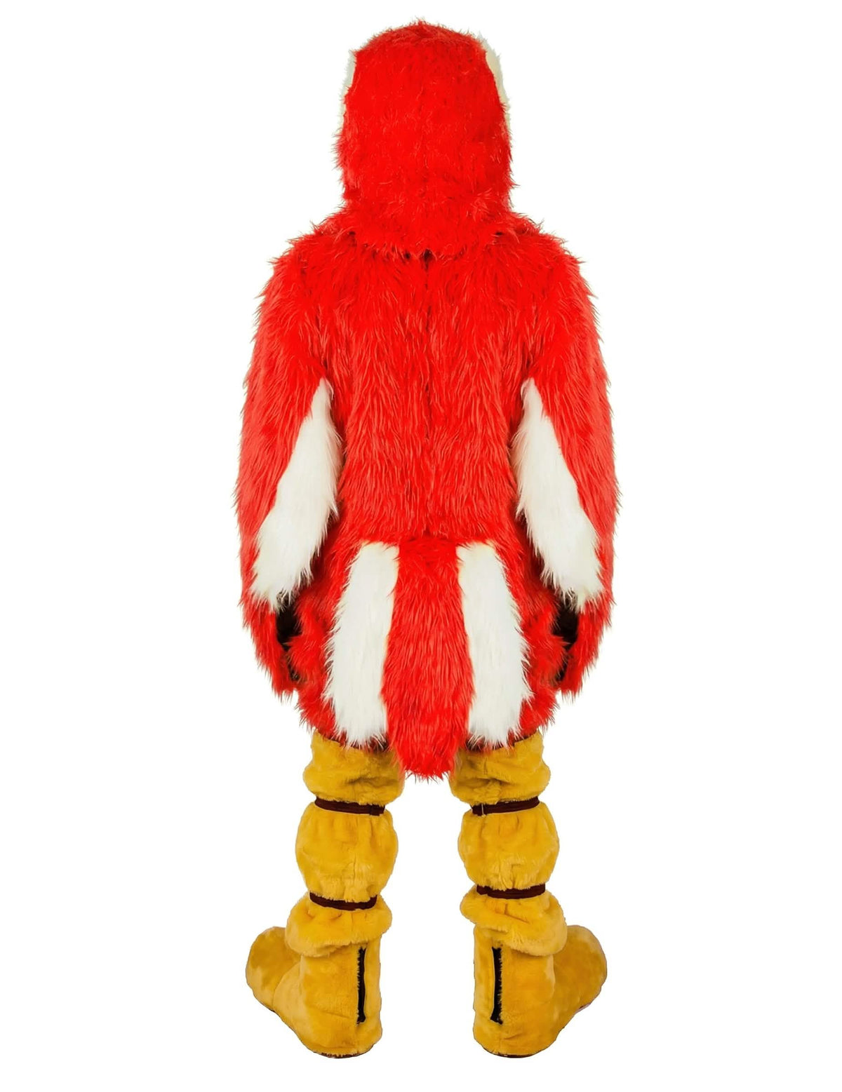 Costum mascote papagal pentru adult roșu și galben vedere din spate