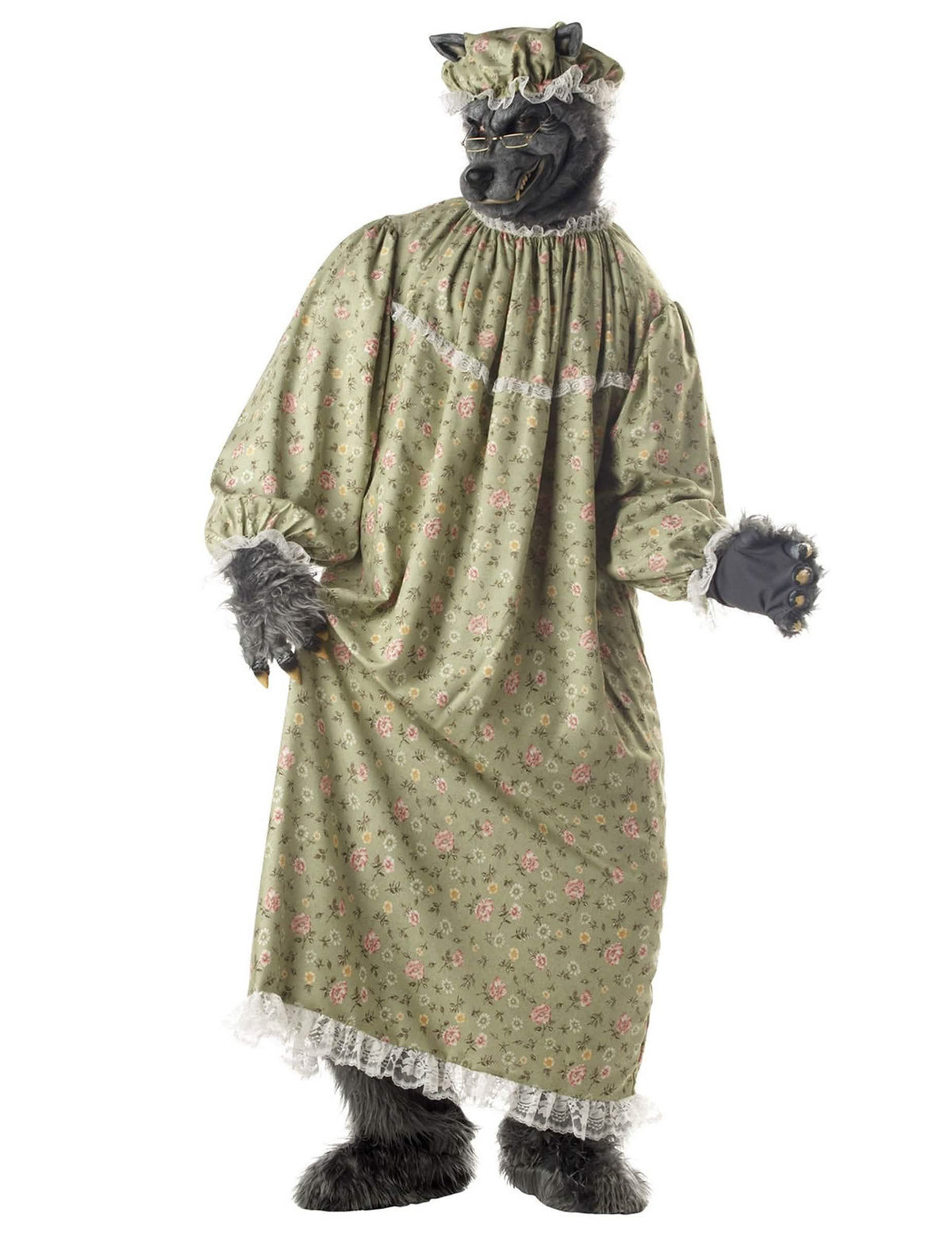 Déguisement mère-grand loup pour adulte avec robe de nuit fleurie verte et masque de loup