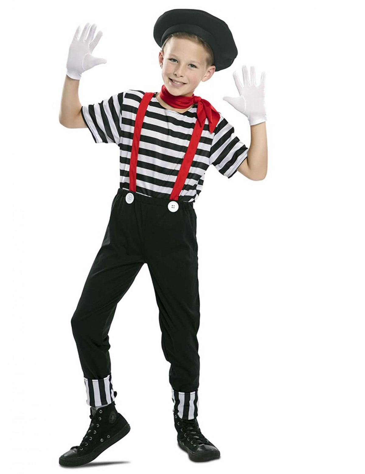 Costum de mim pentru băiat alb și negru cu bretele roșii și beretă