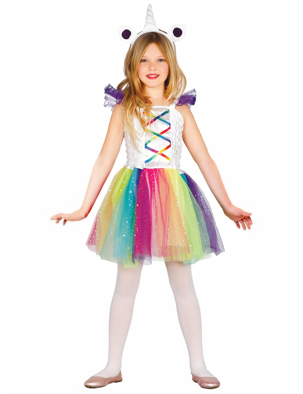 Costum de miss unicorni pentru fată multicolor cu tutu curcubeu și bentiță cu corn