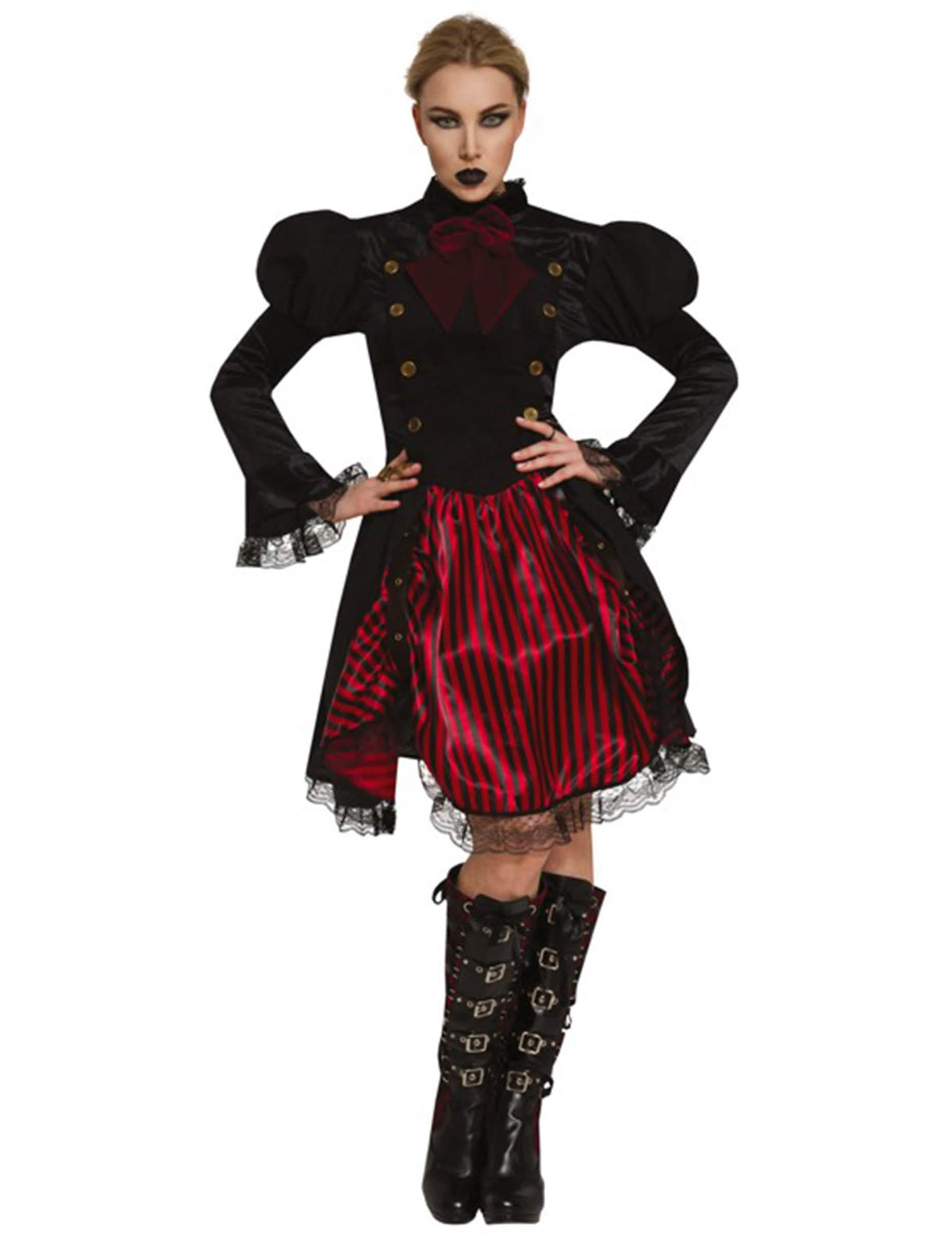 Costum Miss steampunk pentru femeie negru și roșu cu dungi și dantelă